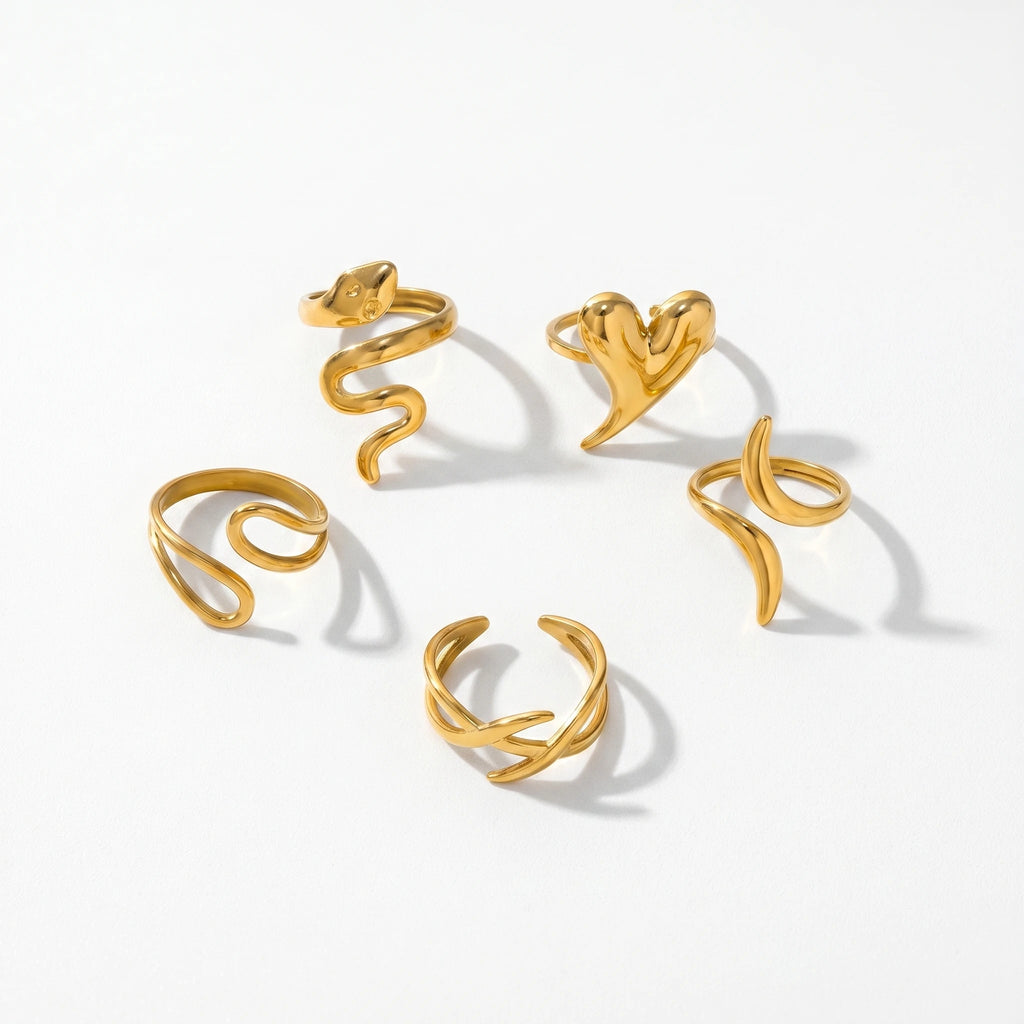 QIAOREN 13086-90 5Pcs 18K Gold Plated Stainless Steel Open Ring Set, Adjustable Stackable Heart Finger Rings