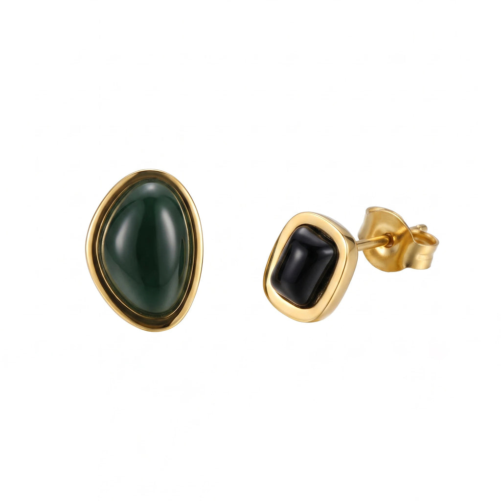 QIAOREN 13449 Gold Tone Bezel Set Oval Square Cabochon Stone Stud Earrings Multi Color Glossy Smooth Gem Ear Jewelry Gift