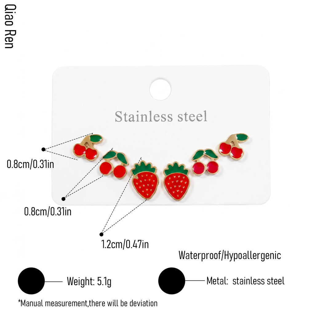 QIAOREN 14515 Waterproof Stainless Steel Fruit Stud Earrings Strawberry Cherry Enamel Earrings Hypoallergenic Jewelry Women