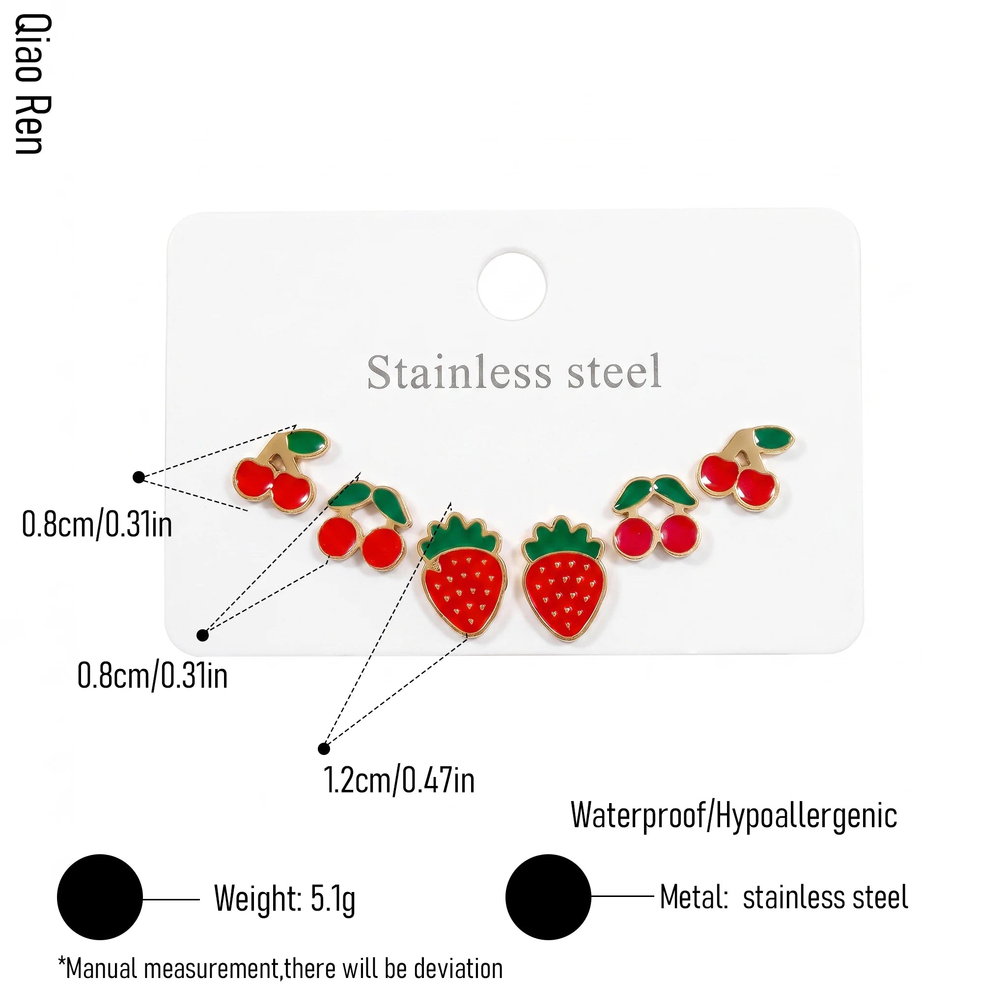 QIAOREN 14515 Waterproof Stainless Steel Fruit Stud Earrings Strawberry Cherry Enamel Earrings Hypoallergenic Jewelry Women