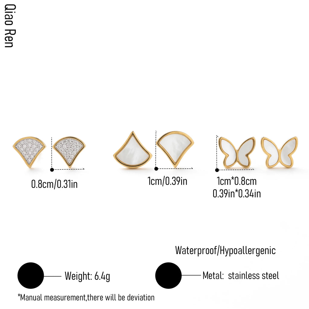 QIAOREN 14450 3 Pair Gold Stainless Steel Stud Earrings, White Quartz Fan & Quartz Butterfly for Women Daily Casual Outfits