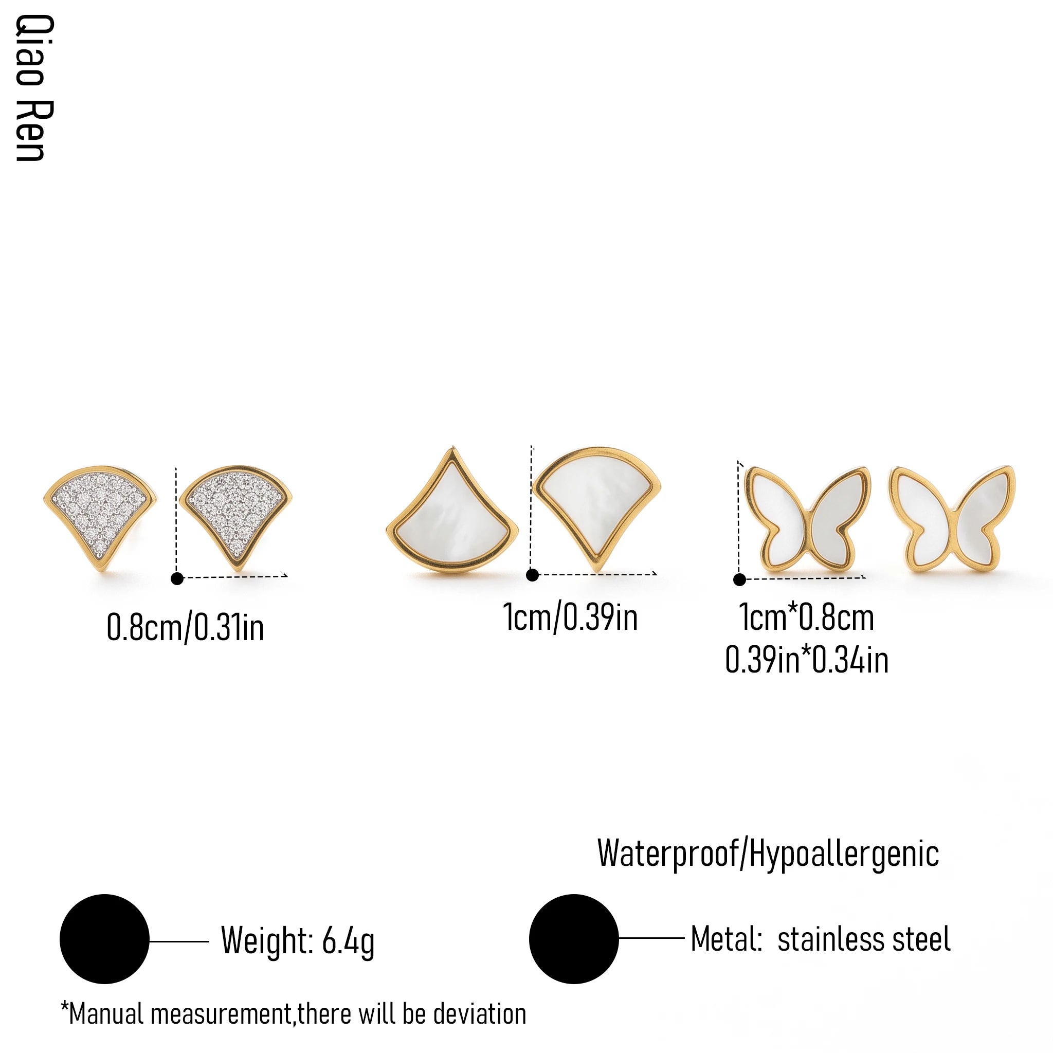 QIAOREN 14450 3 Pair Gold Stainless Steel Stud Earrings, White Quartz Fan & Quartz Butterfly for Women Daily Casual Outfits
