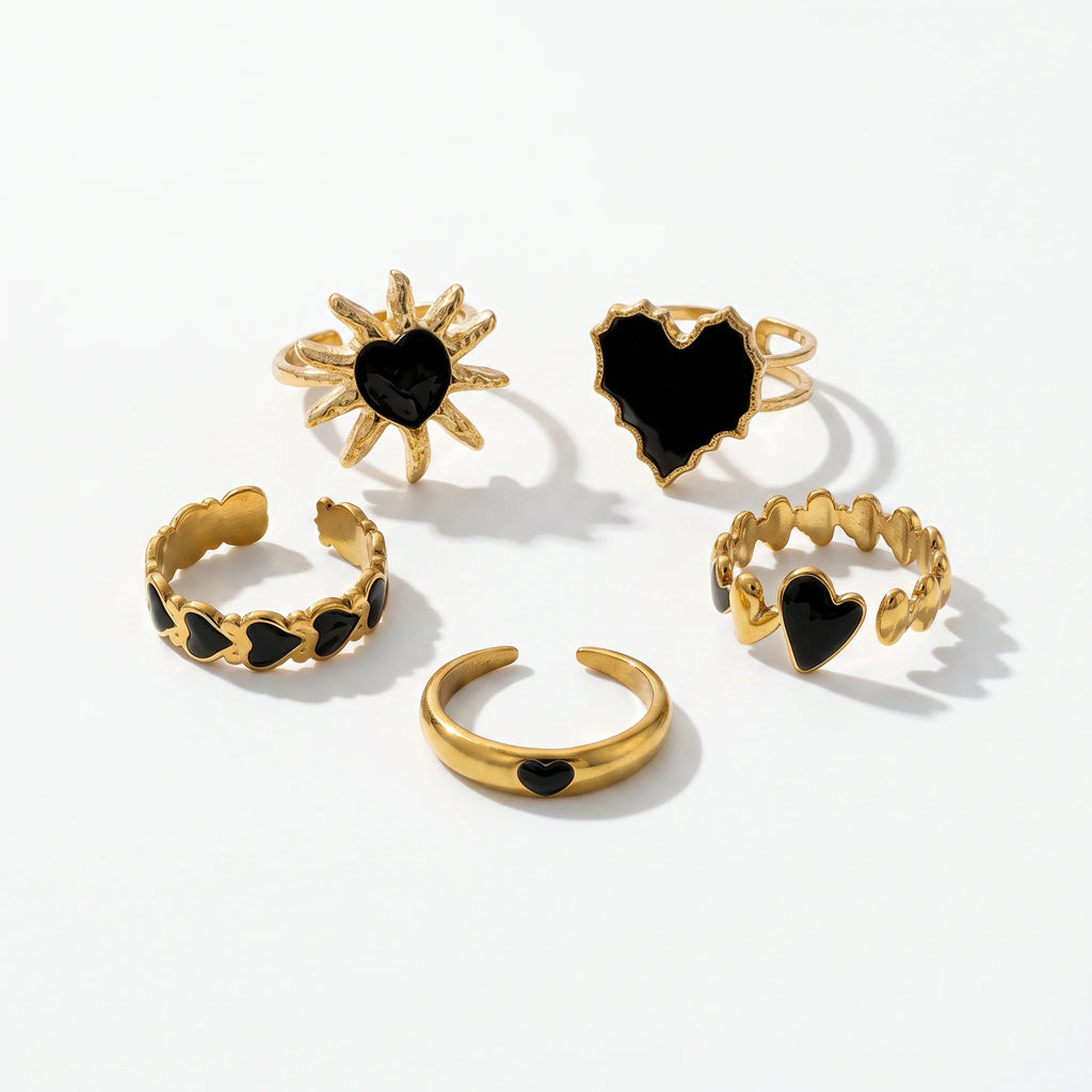 QIAOREN 14175-79 Black Enamel Heart & Sun Open Ring Set, Irregular Love Shape Adjustable Stackable Ring Jewelry Gift