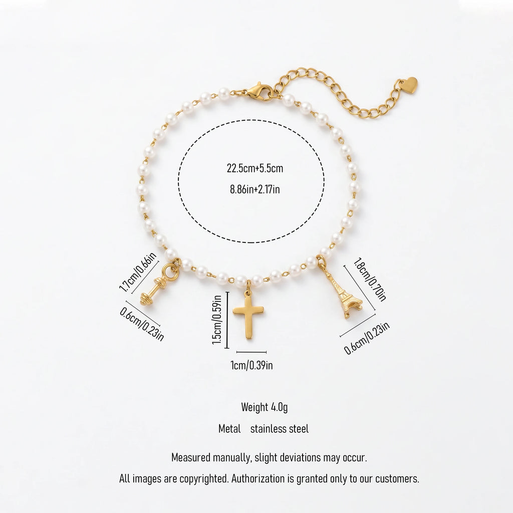 QIAOREN 13318 Dainty Pearl Anklet with Cross, Eiffel Tower & Key Charms, Paris Retro Foot Jewelry Gift for Daily Soft Wears