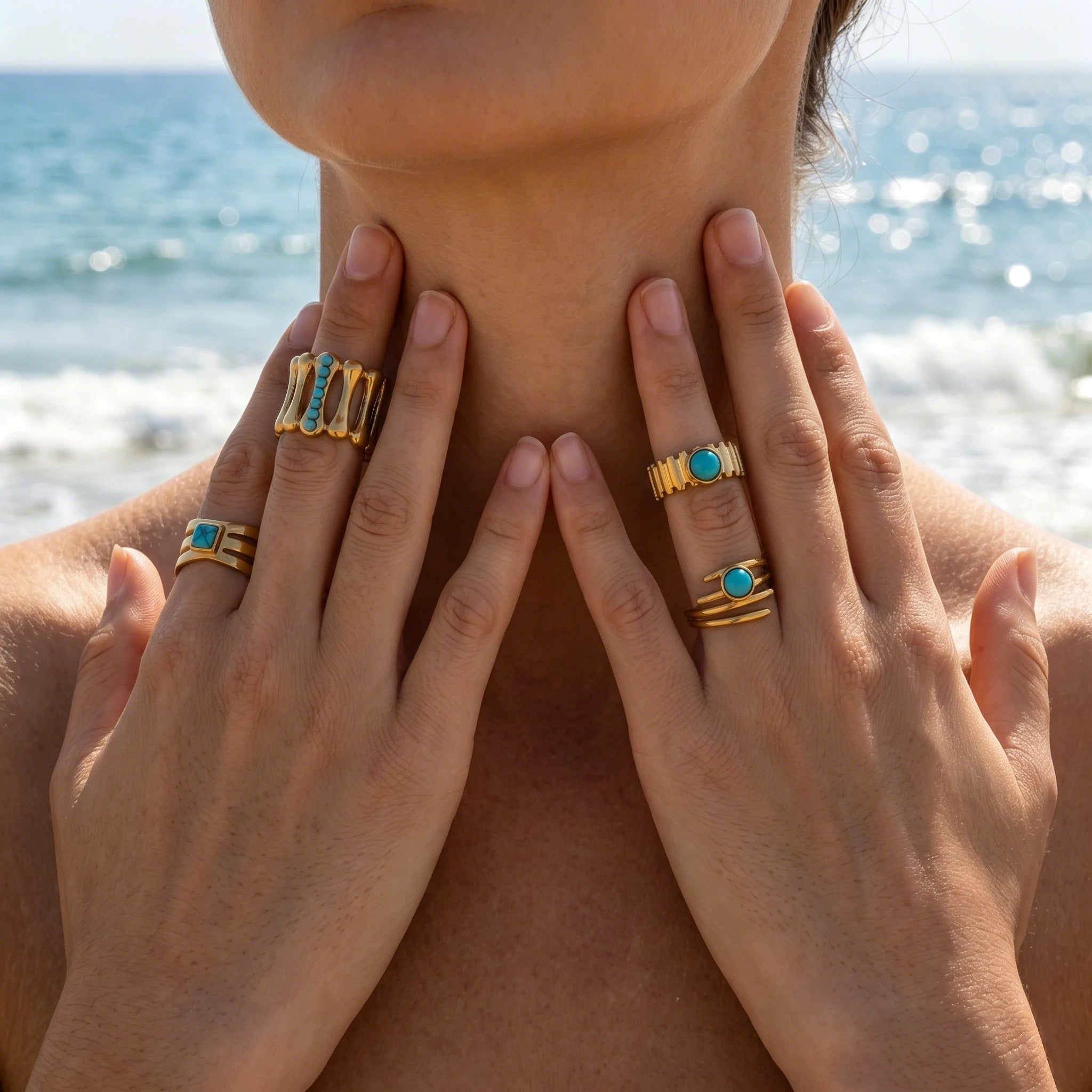 QIAOREN 13151-55 5Pcs Gold Stainless Steel Turquoise Open Ring Set Geometric Stackable Adjustable Boho Waterproof Jewelry