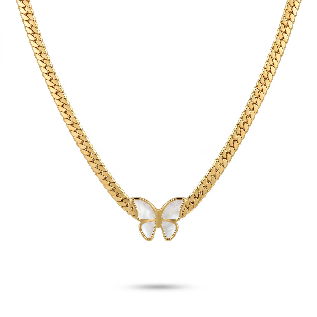 QIAOREN 13535 Flat Snake Choker Necklace with Inlaid White Shell Butterfly Pendant, Polished Wide Gold Chain