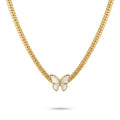 QIAOREN 13535 Flat Snake Choker Necklace with Inlaid White Shell Butterfly Pendant, Polished Wide Gold Chain
