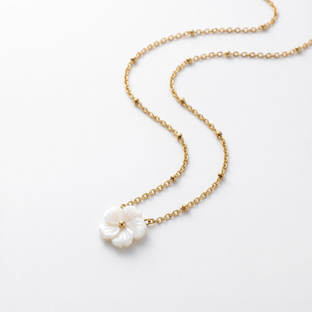 QIAOREN 13523 Dainty White Shell Flower Pendant Station Necklace with Round Beaded Thin Cable Chain, Gold Tiny Floral Necklace