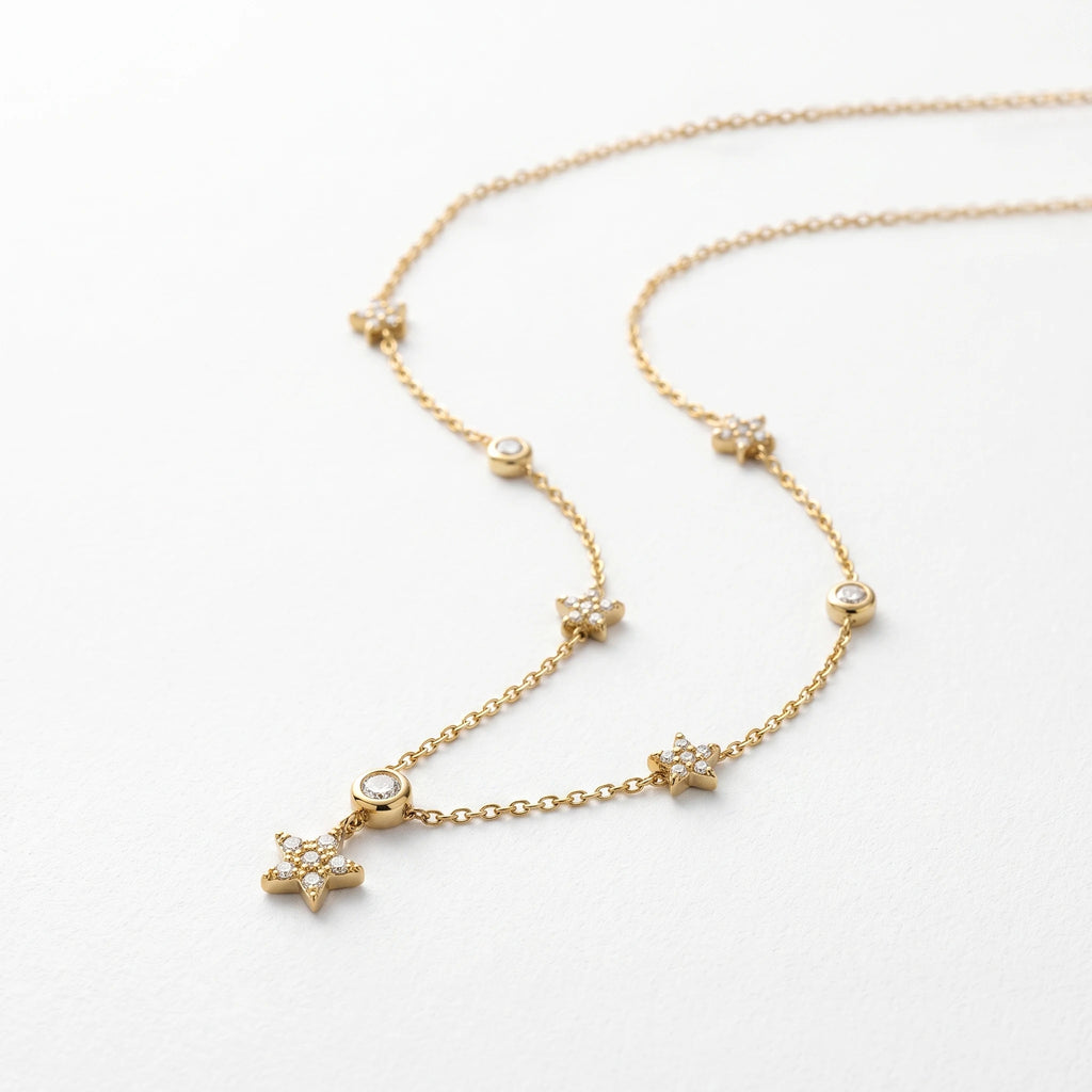QIAOREN 13511 Shiny Star Crystal Station Necklace with Multi Size Six-pointed Star & Round Zircon Charms Necklace