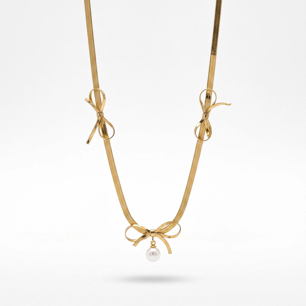 QIAOREN 13752 Flat Herringbone Snake Choker Necklace with Three Metal Bow Charms Hanging Single White Pearl