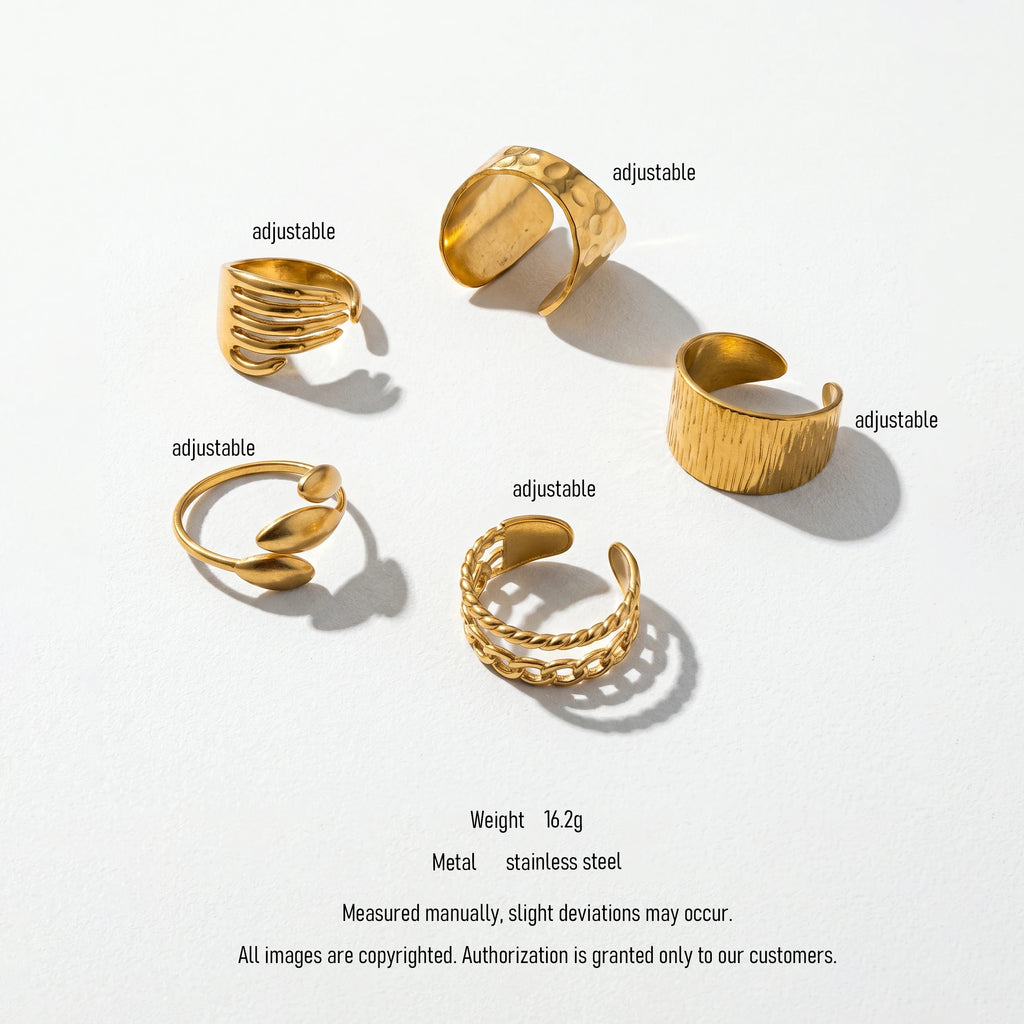 QIAOREN 10712 5Pcs 18K Gold Plated Stainless Steel Adjustable Ring Watch Set Tarnish Resistant Hammered Stackable Quartz Women