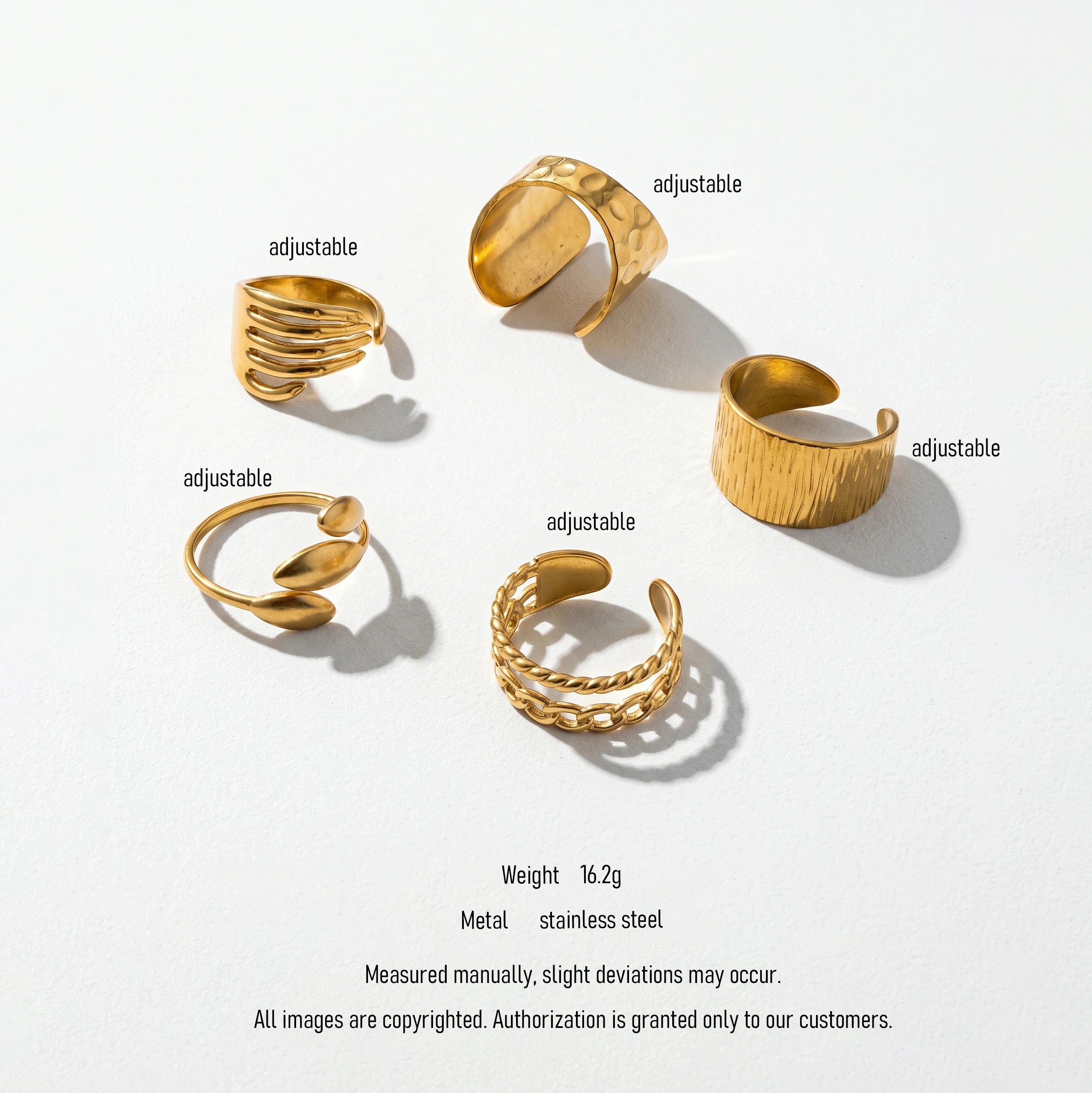 QIAOREN 10712 5Pcs 18K Gold Plated Stainless Steel Adjustable Ring Watch Set Tarnish Resistant Hammered Stackable Quartz Women