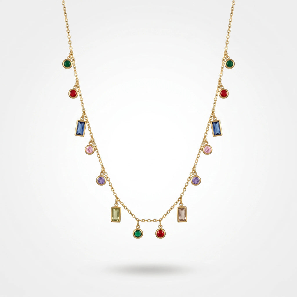 QIAOREN 13500 Rainbow Multi Shape Crystal Drop Station Necklace with Random Mixed Color Bead Charms Dangle Thin Chain Necklace