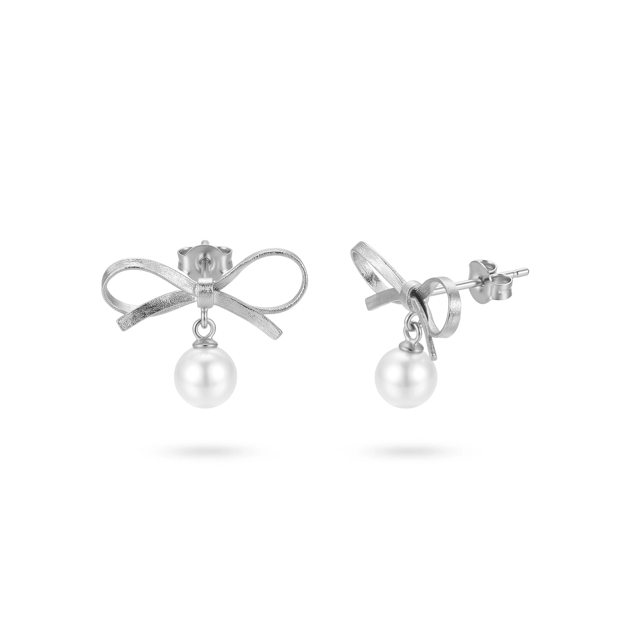 QIAOREN 13819 Textured Matte Bow Knot Stud Earrings with Dangling Single Round White Pearl Drop Pendant, Polished Gold Dainty