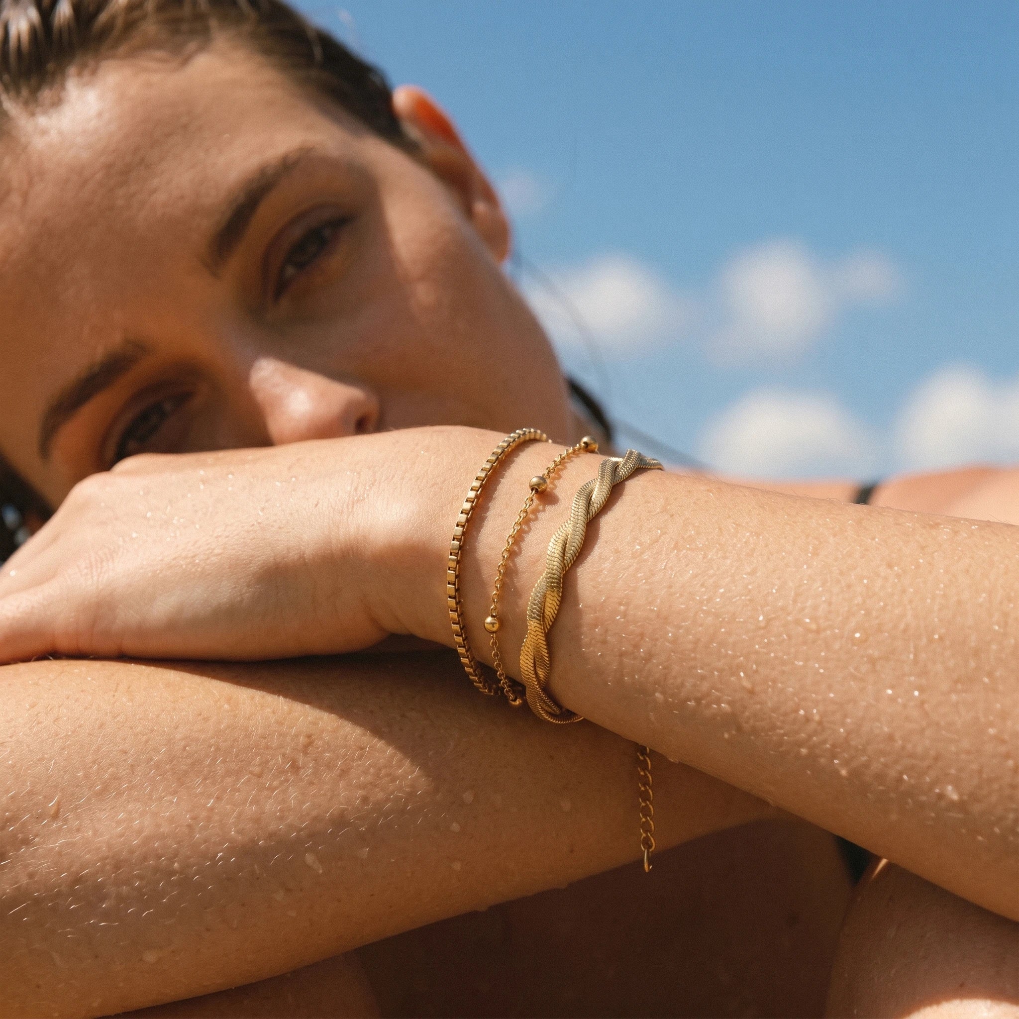 QIAOREN 11529 18K Gold Plated 3Pcs Twist Braided Box Chain Bracelet Set Stainless Steel Tarnish Free