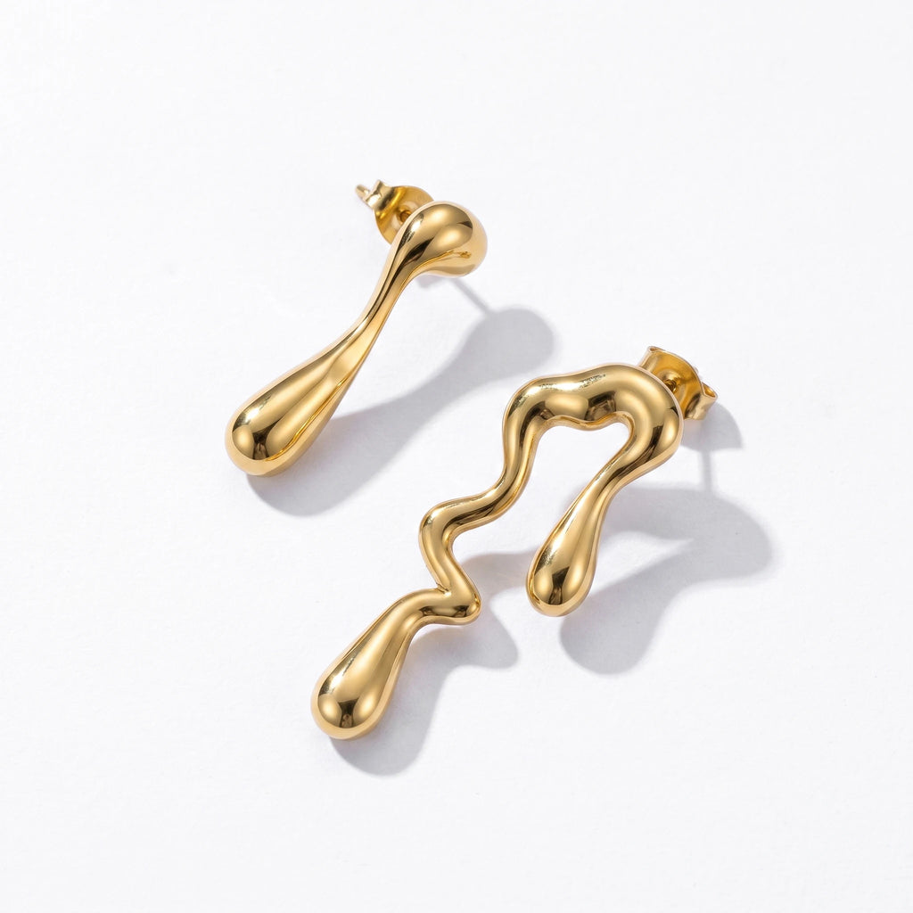 QIAOREN 10951 Modern Asymmetrical Teardrop Earrings, 18K Gold/Silver Plated Stainless Steel Artistic Statement Jewelry