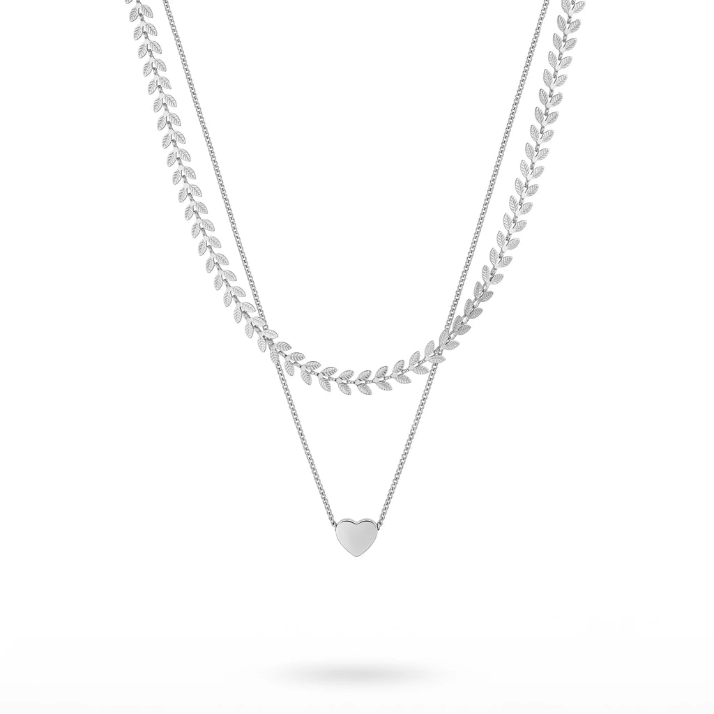 QIAOREN 11318 Boho Leaf & Heart Layered Necklace 18K Gold Plated Stainless Steel Beach Vacation Jewelry