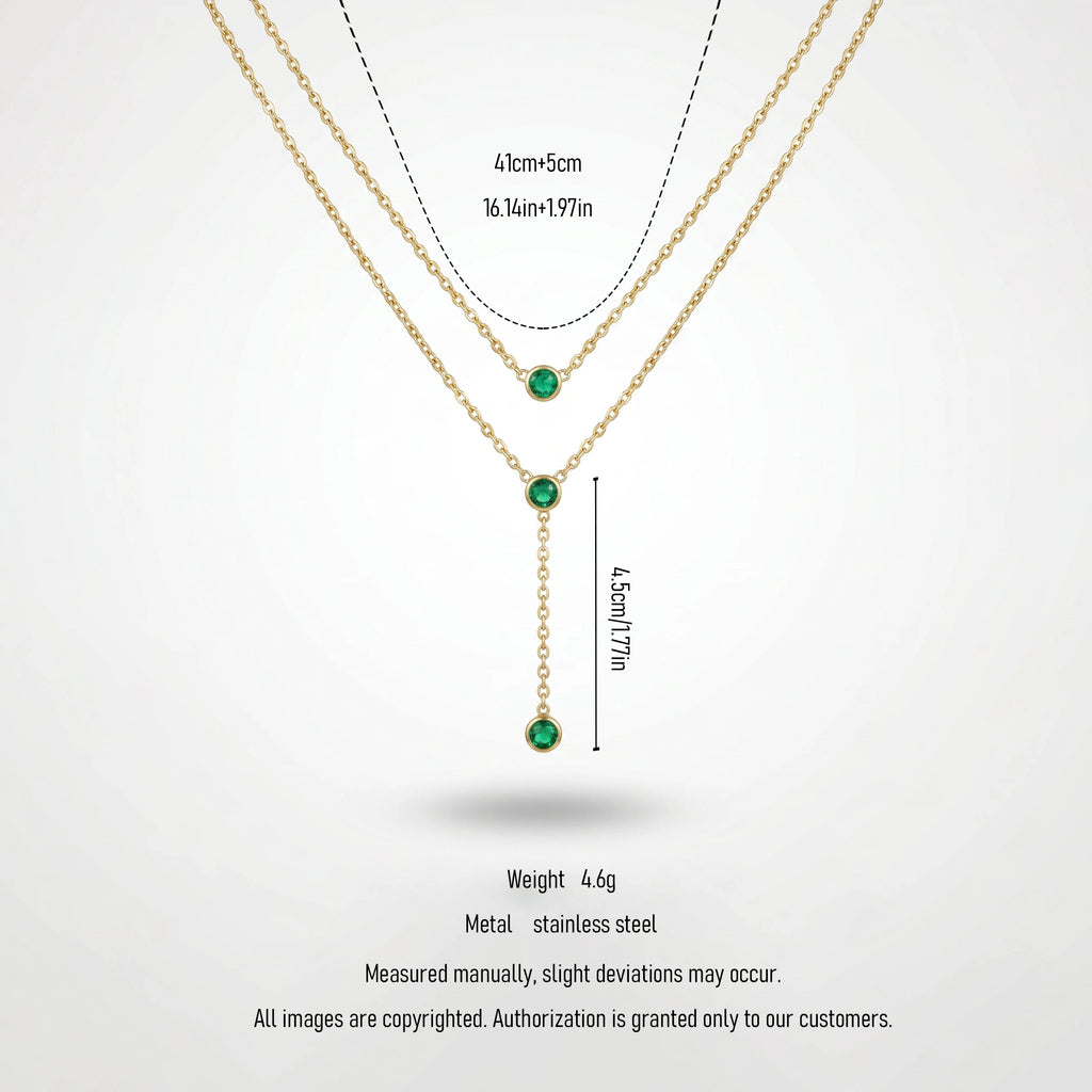 QIAOREN 11673 Dainty Green CZ Lariat Necklace 18K Gold Stainless Steel Double Layered Choker for Women