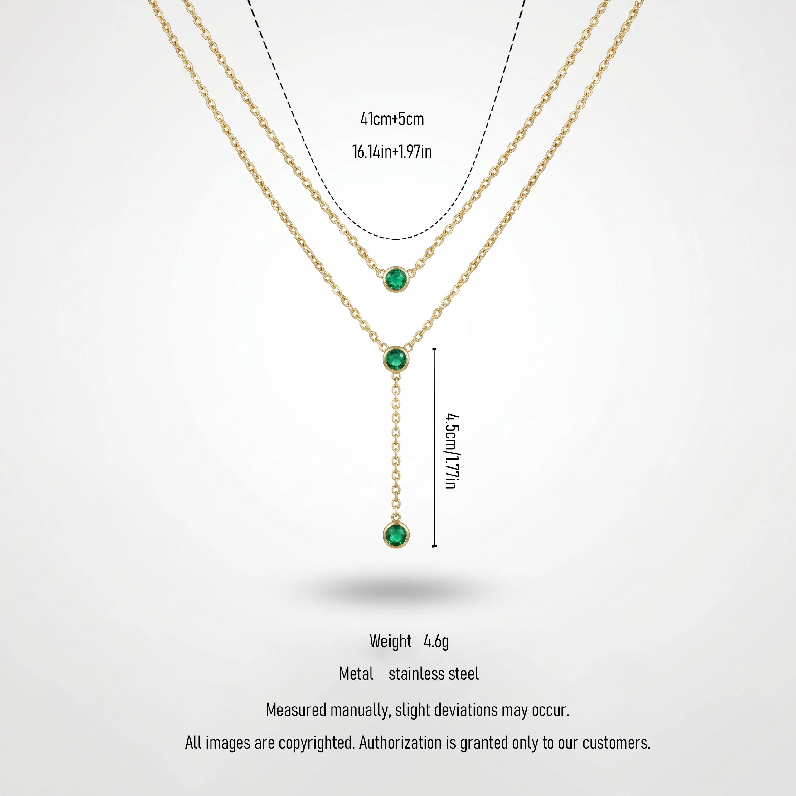 QIAOREN 11673 Dainty Green CZ Lariat Necklace 18K Gold Stainless Steel Double Layered Choker for Women