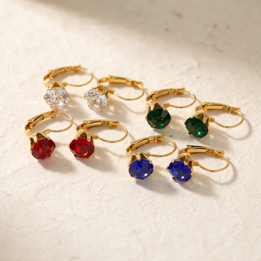 QIAOREN 12217-20  Waterproof Stainless Steel Gold Plated Round CZ Leverback Earrings Colorful Crystal Hoops for Women