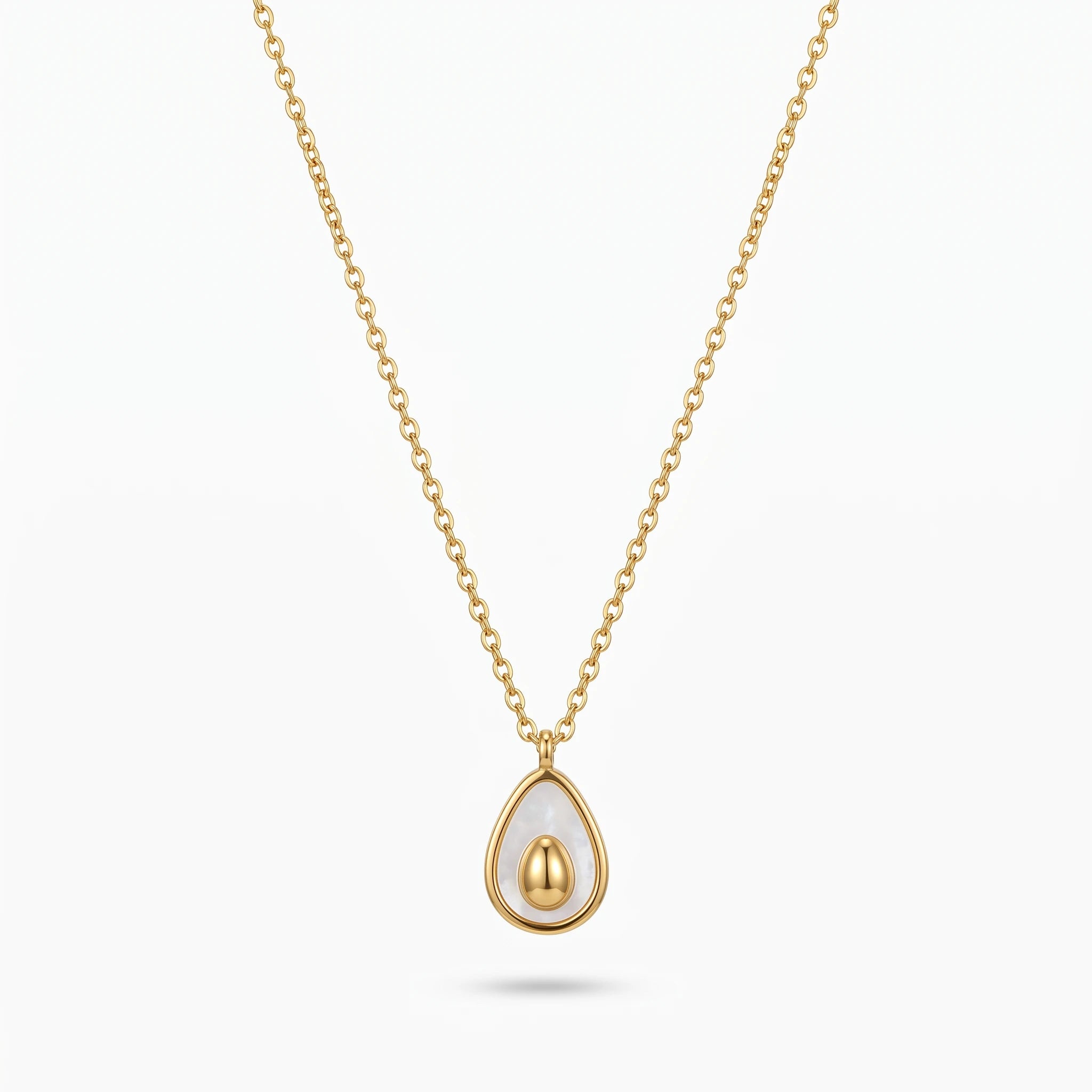 QIAOREN 13536 Dainty Teardrop White Shell Inlay Pendant Necklace with Solid Oval Gold Center Charm, Thin Cable Chain Necklace