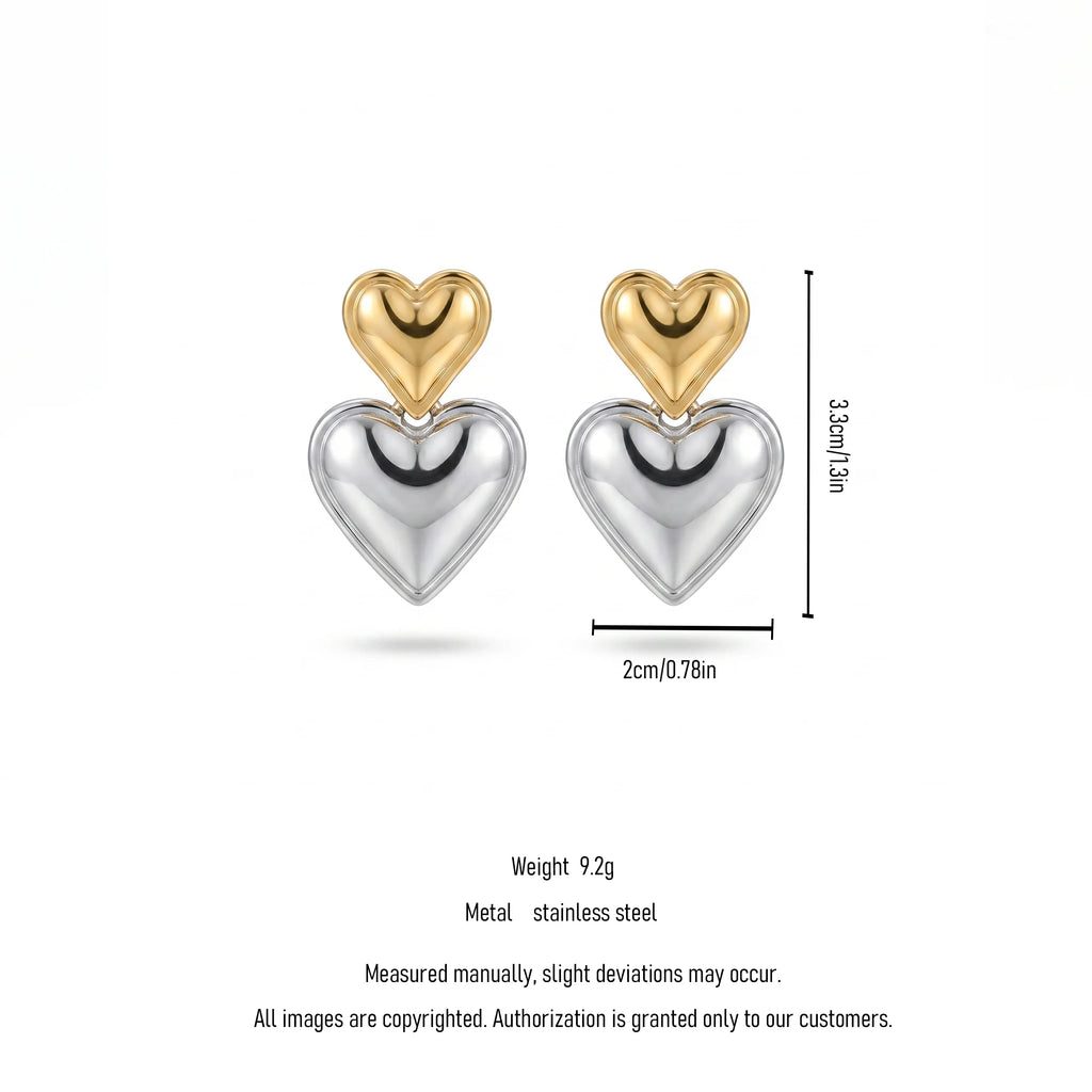 QIAOREN 12523  Two Tone Mixed Metal Double Heart Drop Earrings Gold Silver 316L Stainless Steel Puffy Heart Studs