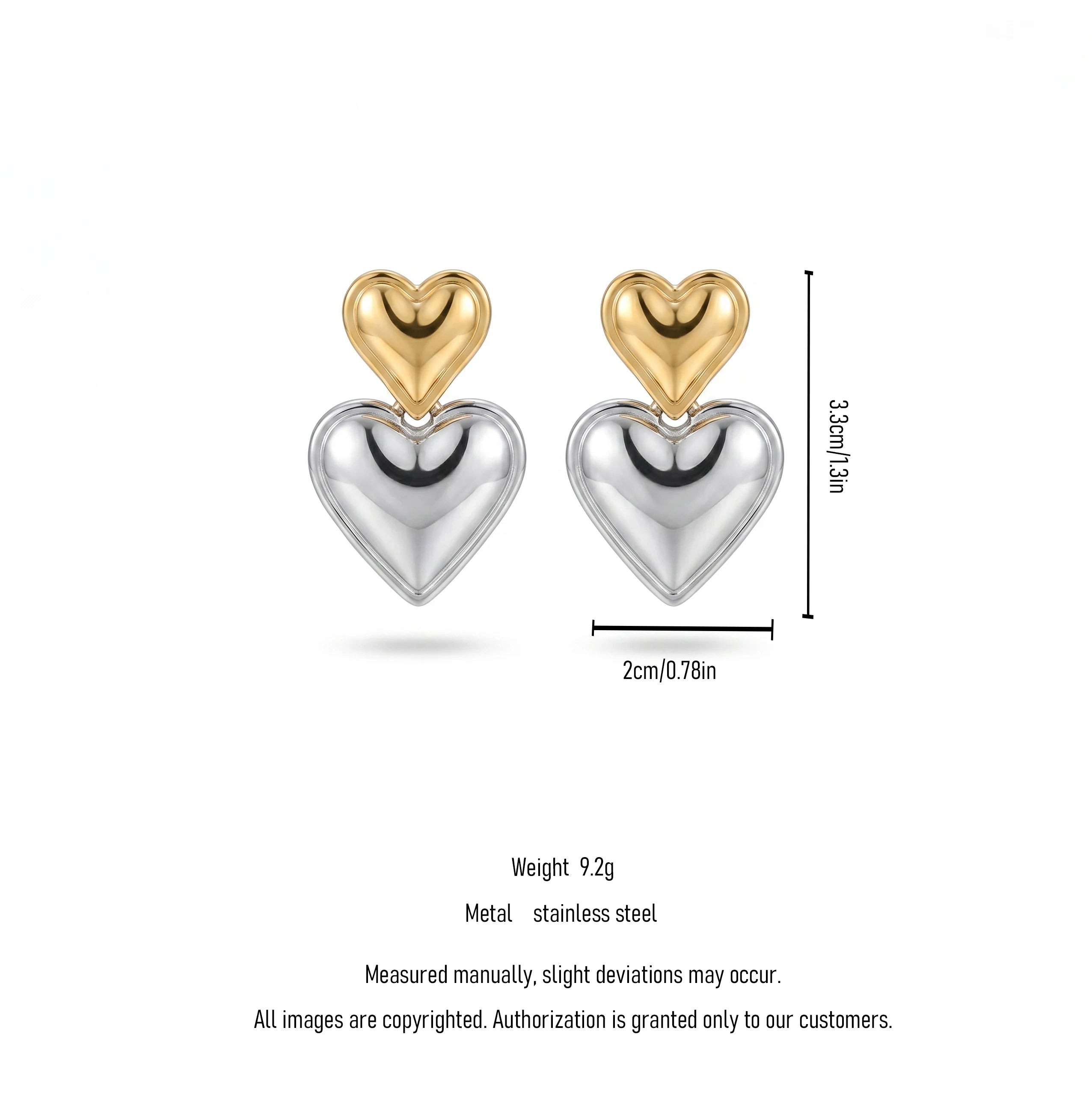 QIAOREN 12523  Two Tone Mixed Metal Double Heart Drop Earrings Gold Silver 316L Stainless Steel Puffy Heart Studs