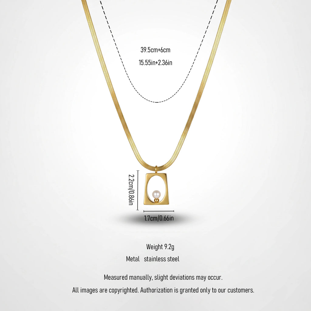 QIAOREN 13807 Thin Flat Herringbone Snake Chain Pendant Necklace with Hollow Rounded Square Frame Charm Single White Pearl