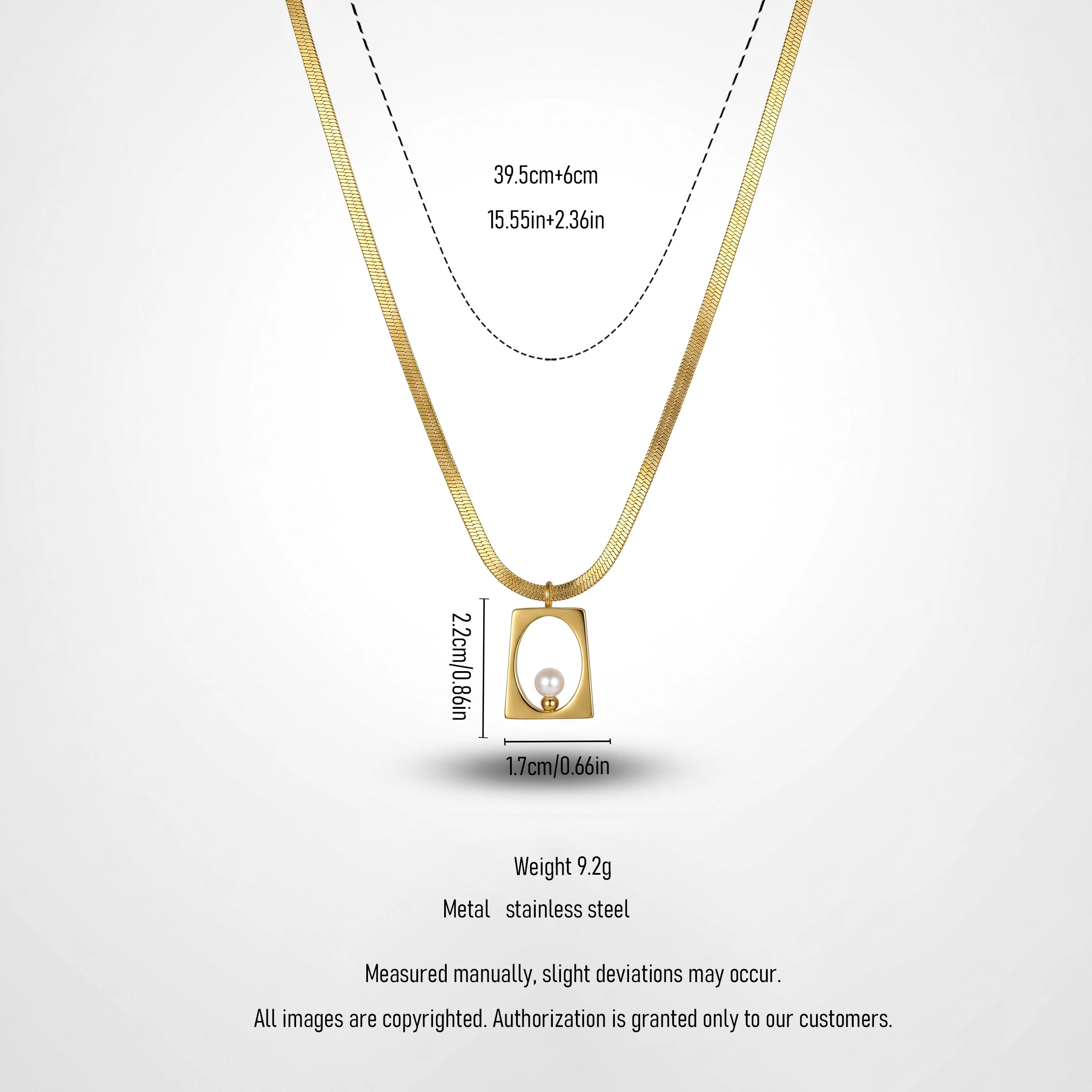 QIAOREN 13807 Thin Flat Herringbone Snake Chain Pendant Necklace with Hollow Rounded Square Frame Charm Single White Pearl