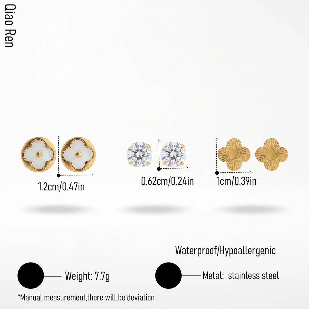 QIAOREN 14451 3 Pair Gold Stainless Steel Stud Earrings, White Quartz Clover, Round CZ & Textured Clover Studs
