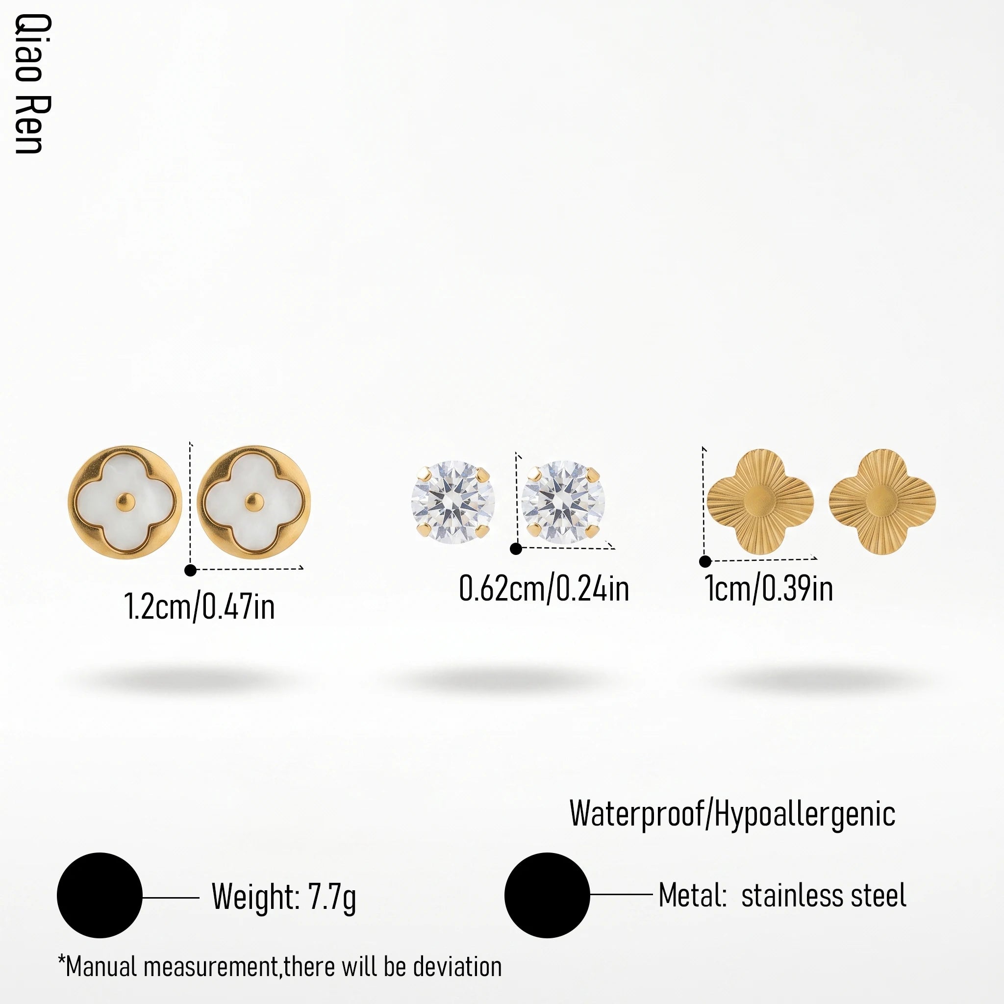 QIAOREN 14451 3 Pair Gold Stainless Steel Stud Earrings, White Quartz Clover, Round CZ & Textured Clover Studs