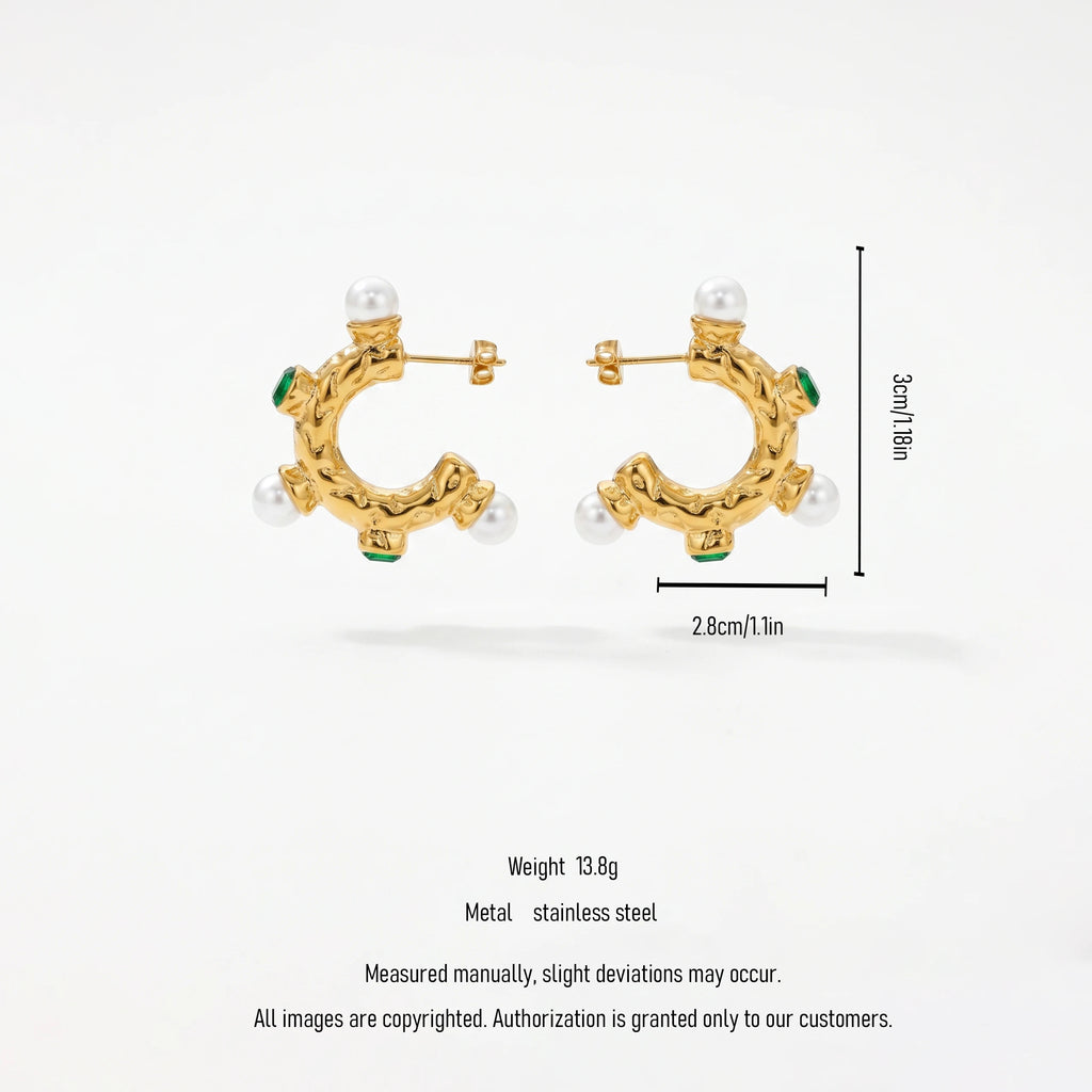 QIAOREN 12509 Elegant Quiet Luxury Molten Pearl Emerald Green Zircon Hoops Stainless Steel Vintage Statement