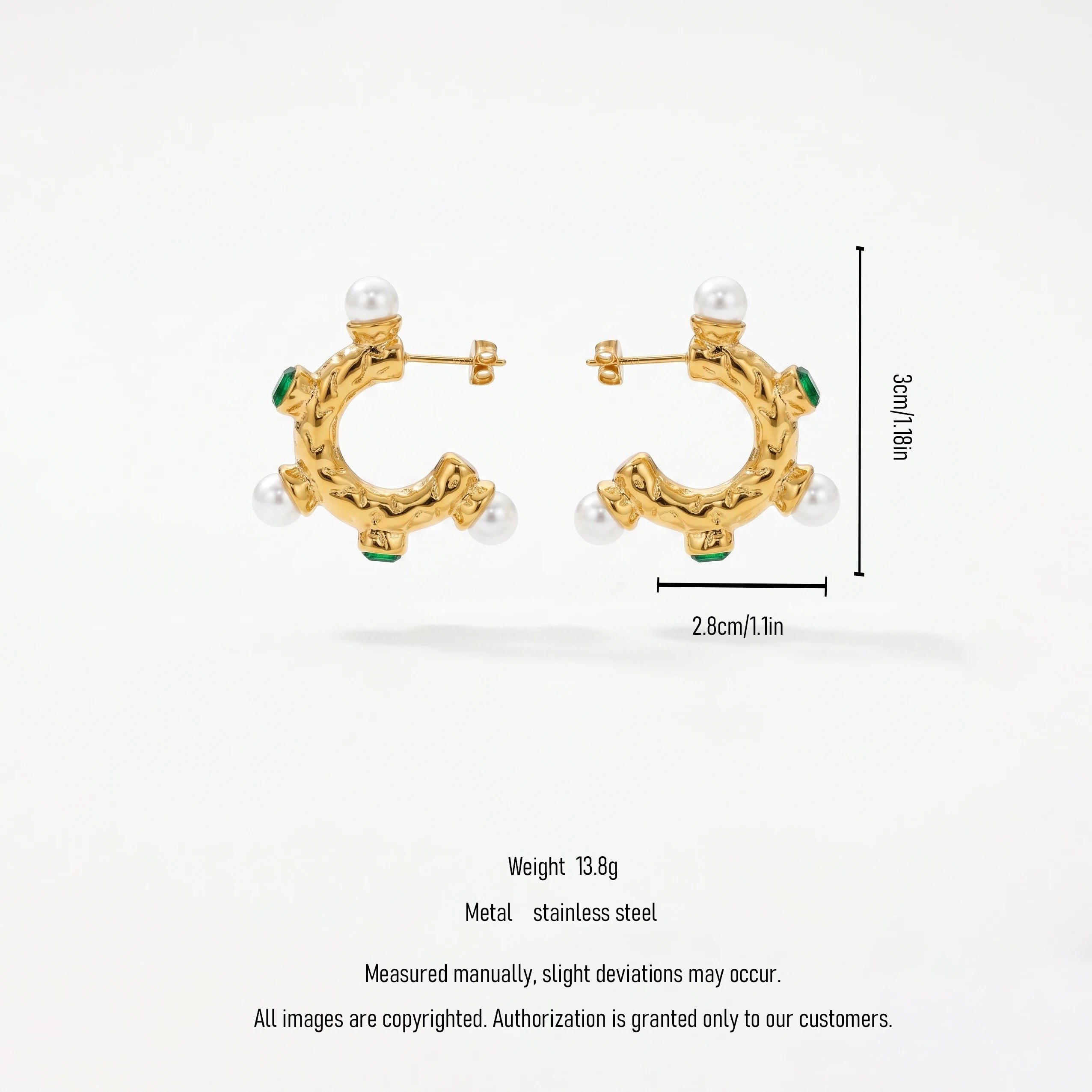 QIAOREN 12509 Elegant Quiet Luxury Molten Pearl Emerald Green Zircon Hoops Stainless Steel Vintage Statement