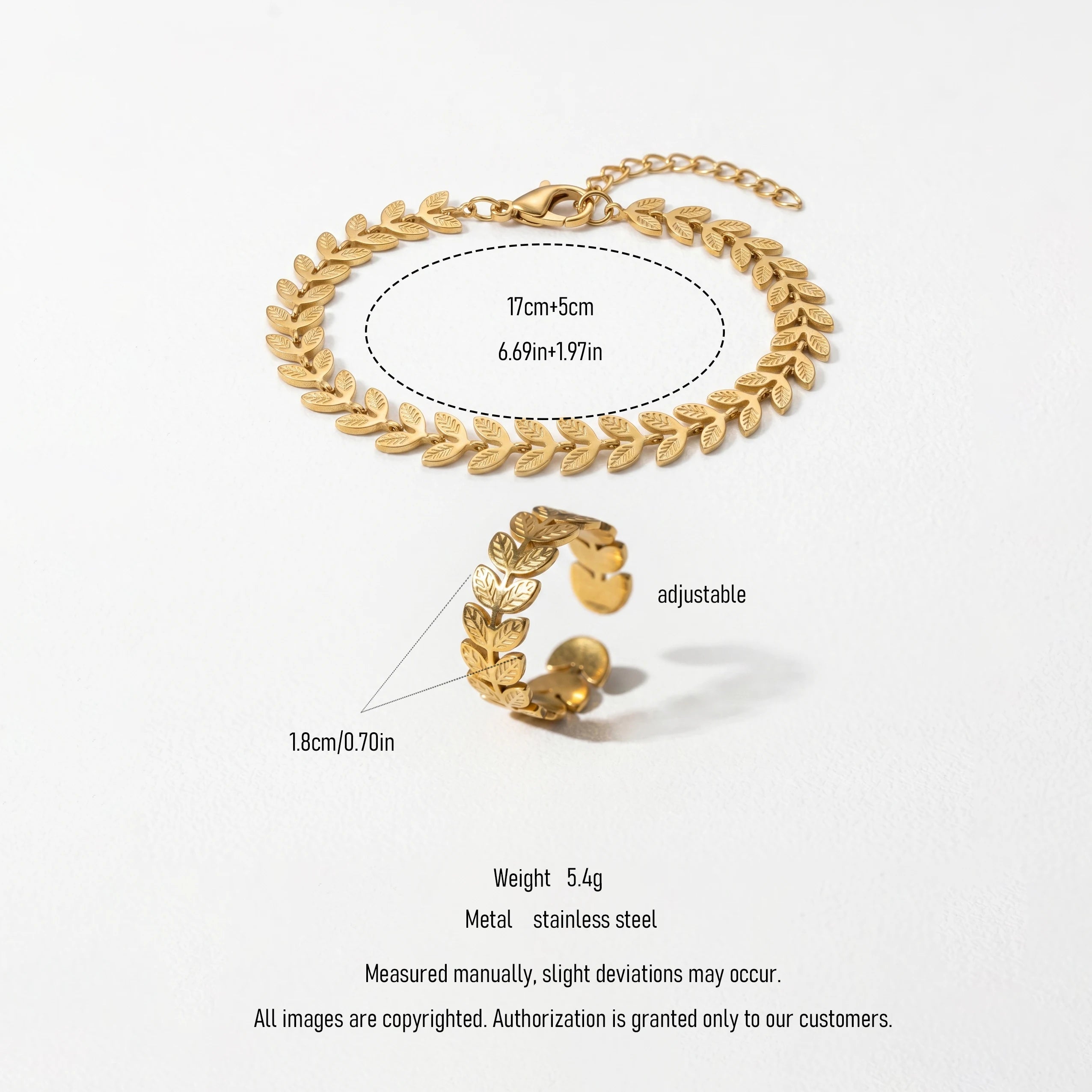 QIAOREN 11579 Elegant 18K Gold Plated Stainless Steel Quartz Chain Bracelet and Ring Set Nature Inspired Women's Gift Jewelry