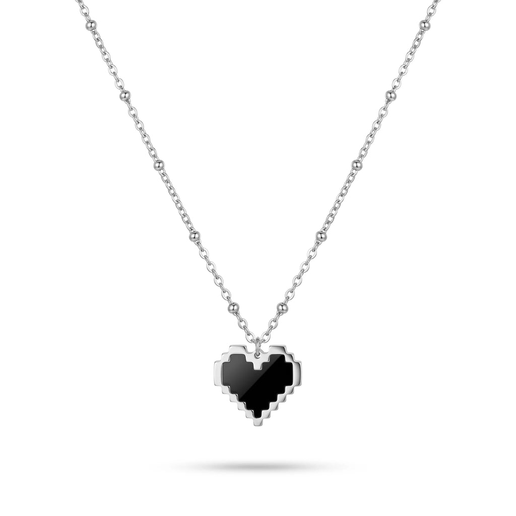QIAOREN 11986 18K Stainless Steel Pixel Heart Pendant Necklace Black Enamel Inlay Beaded Cable Chain Retro Game Style Jewelry