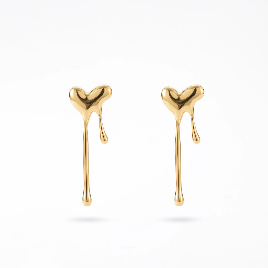 QIAOREN 13263 Gold Tone Liquid Melting Heart Drop Earrings Smooth Polished Long Drip Love Shape Dangle Studs Abstract Trendy