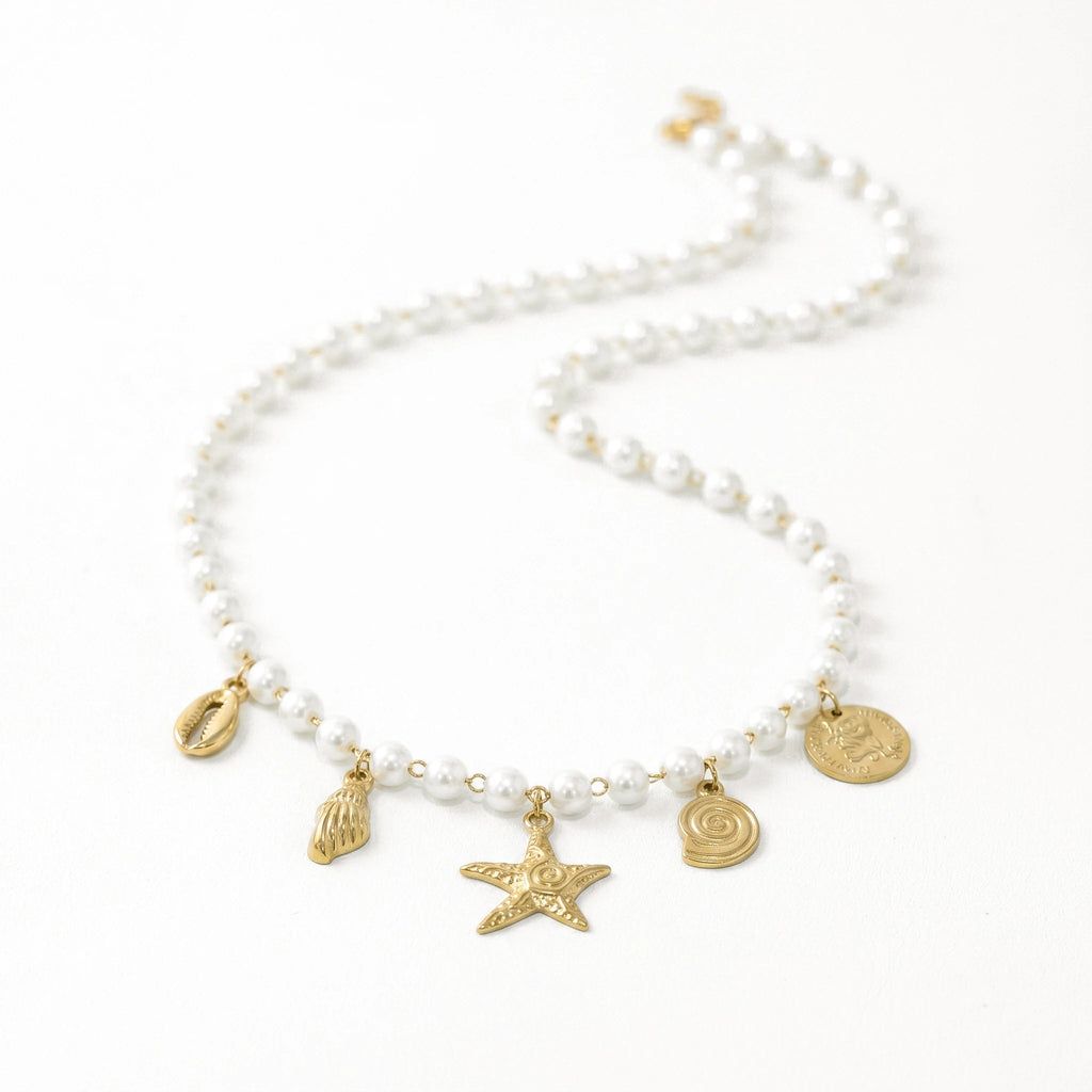 QIAOREN 11293 18K Gold Plated Pearl Choker Necklace With Ocean Charms Stainless Steel Tarnish Free Waterproof Jewelry