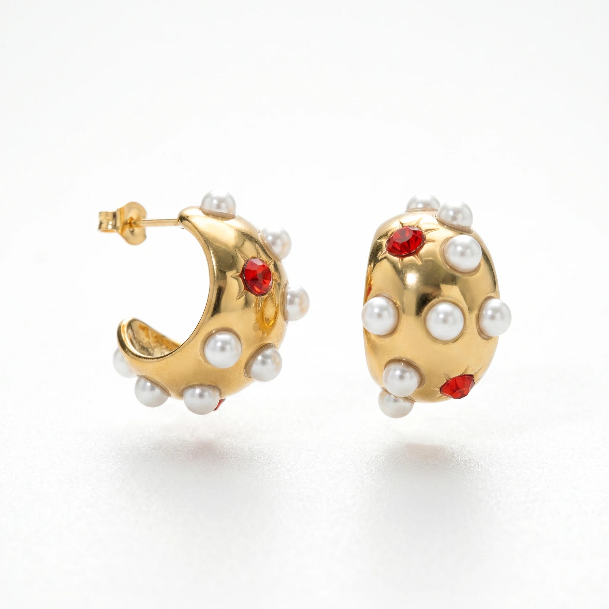 QIAOREN 12436Vintage Geometric 18K Gold Plated Stainless Steel Stud Earrings Red Starburst Chunky Hoops Women