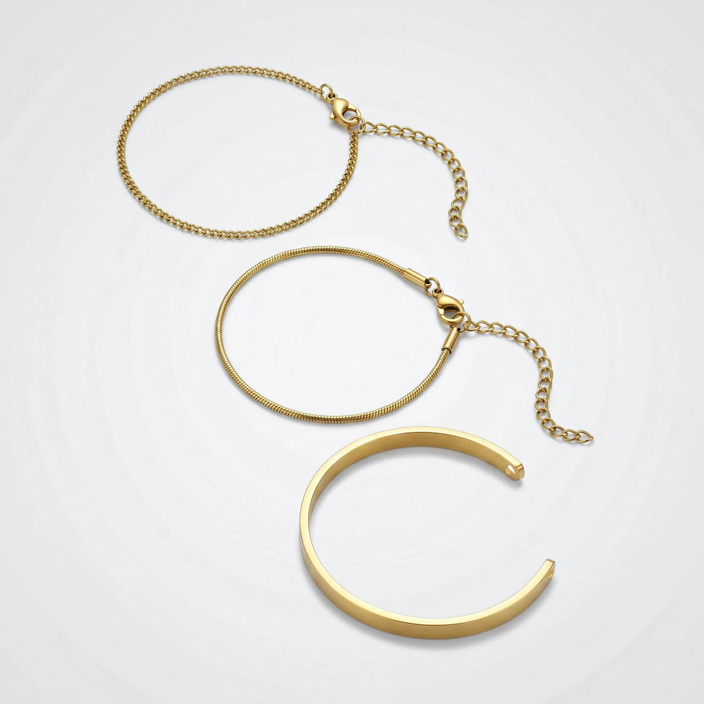 QIAOREN 10545 18K Gold Plated Stainless Steel Oval Link Bracelet Set Women's Hypoallergenic Waterproof Tarnish Free Jewelry