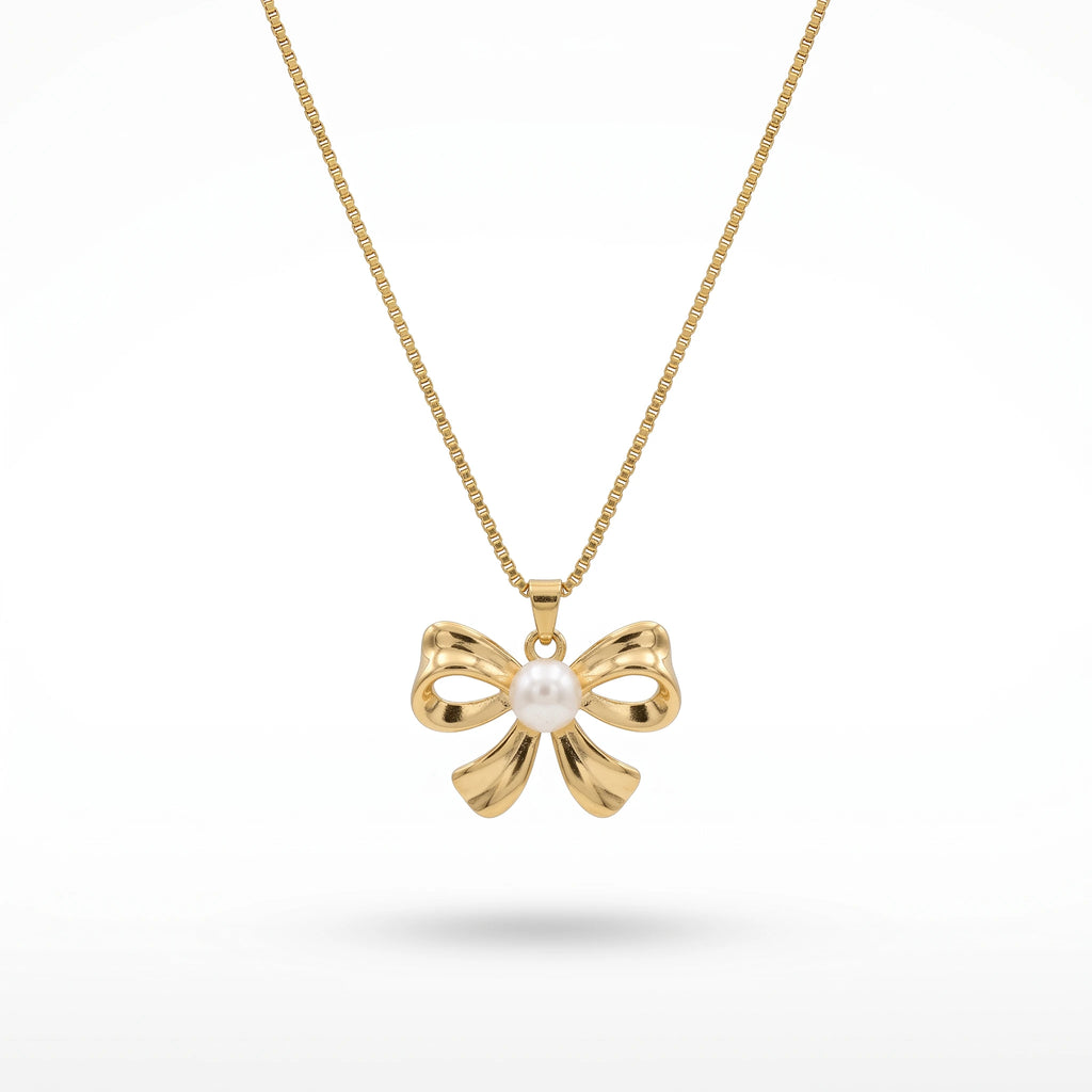 QIAOREN 13938 Thin Box Snake Chain Pendant Necklace with Polished Bow Knot Charm & Center Smooth White Pearl Inlay