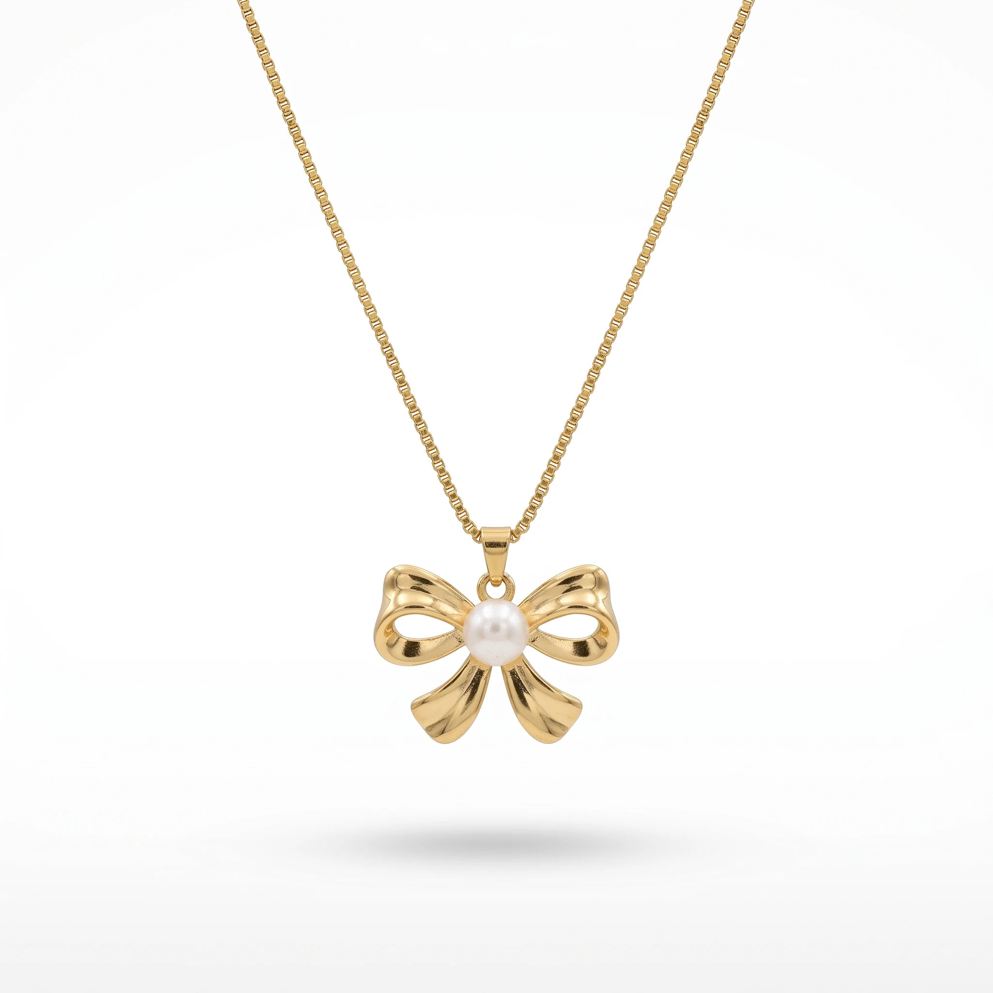 QIAOREN 13938 Thin Box Snake Chain Pendant Necklace with Polished Bow Knot Charm & Center Smooth White Pearl Inlay