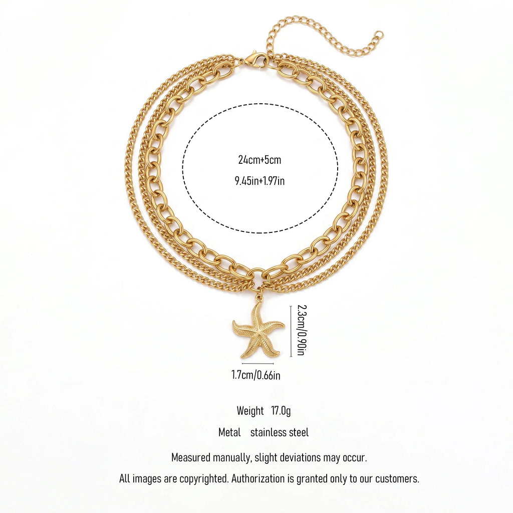 QIAOREN 11435 Dainty Boho Starfish Layered Anklet 18K Gold Plated Stainless Steel Beach Foot Chain