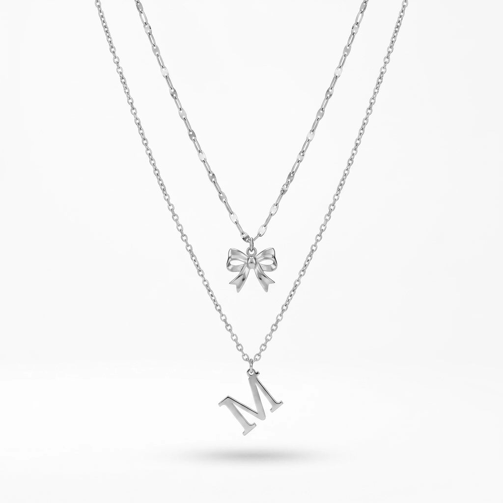 QIAOREN A-Z 26 Letter Bow Initial Necklace Stainless Steel Gold Silver Alphabet Pendant Custom Jewelry