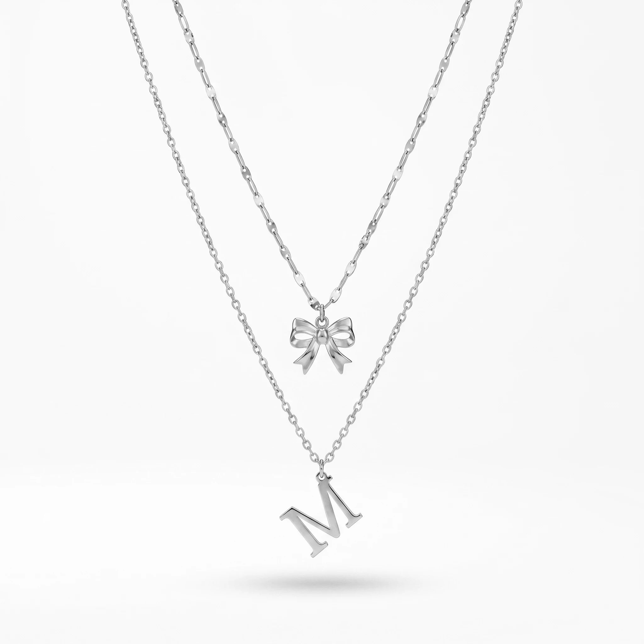 QIAOREN A-Z 26 Letter Bow Initial Necklace Stainless Steel Gold Silver Alphabet Pendant Custom Jewelry
