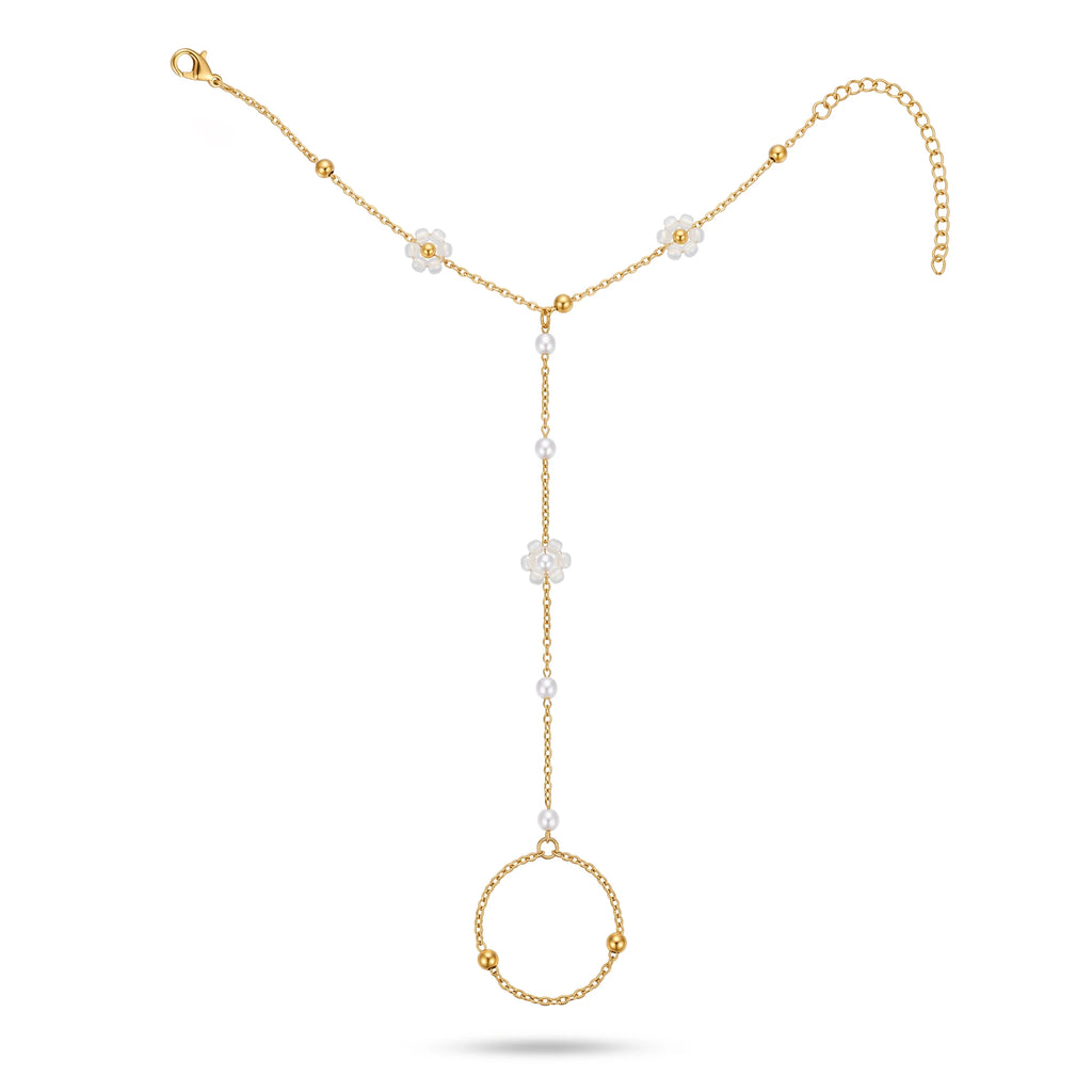 QIAOREN 10761 Boho Style Stainless Steel Flower Pearl Hand Harness Bracelet Gold Plated Finger Chain for Women