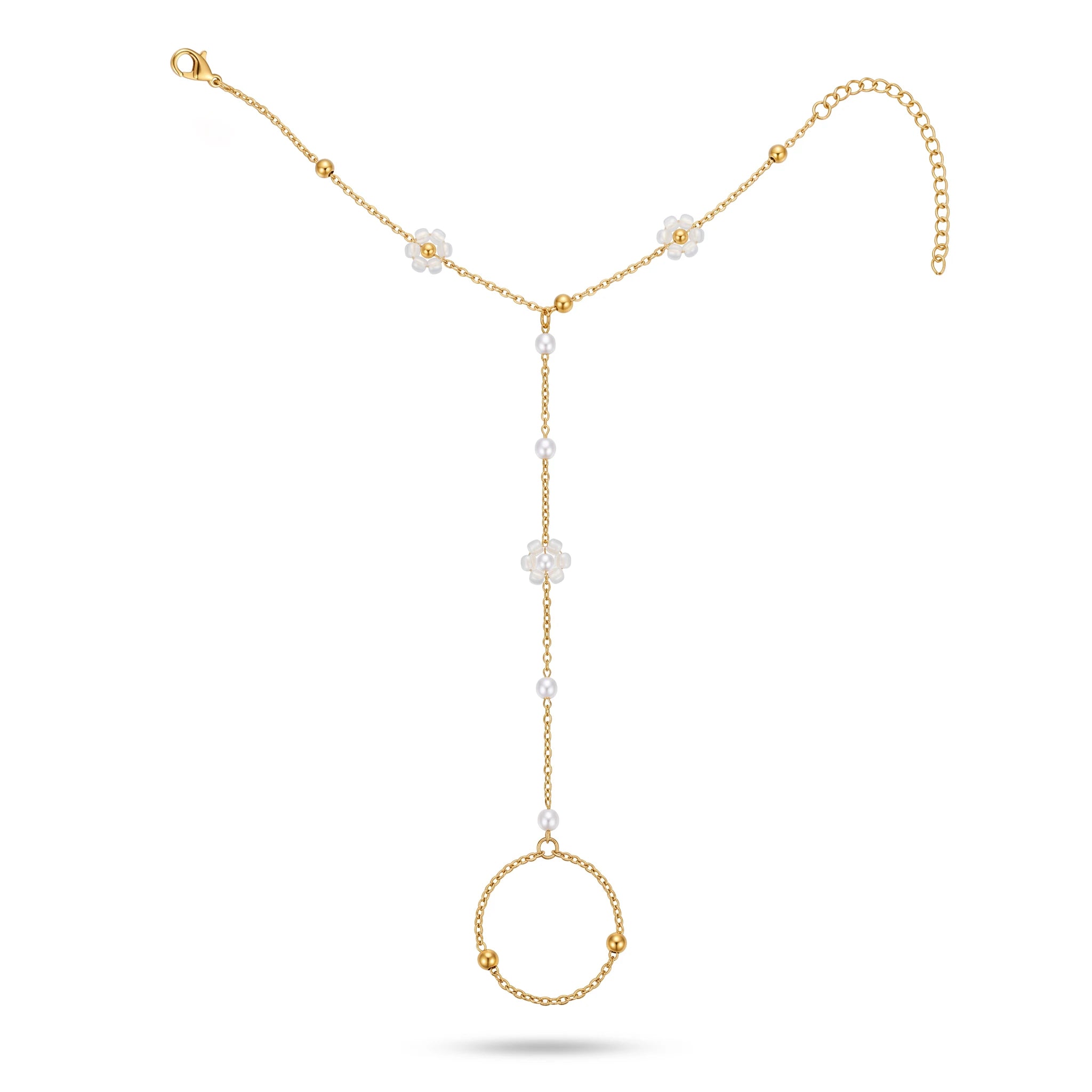 QIAOREN 10761 Boho Style Stainless Steel Flower Pearl Hand Harness Bracelet Gold Plated Finger Chain for Women