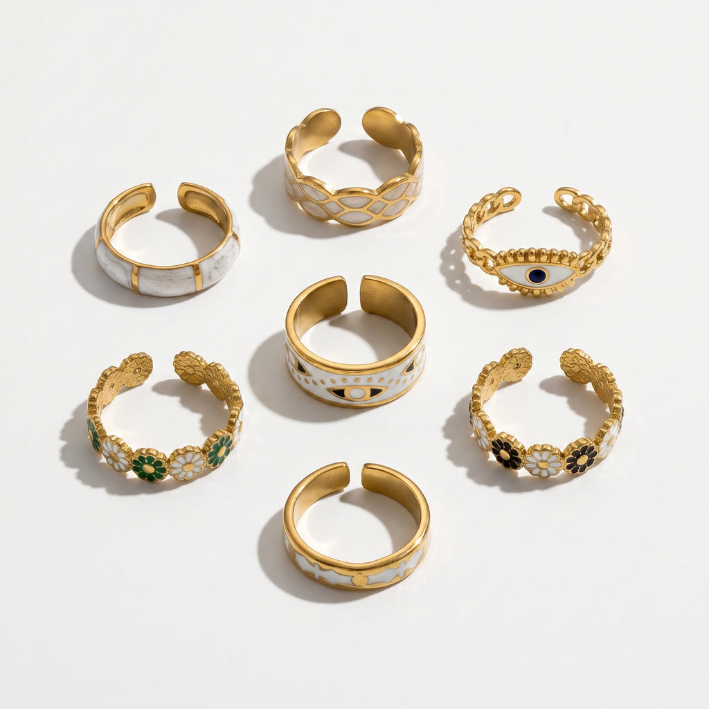 QIAOREN 14190-96 Daisy Pattern Open Ring Set, Multi Style Enamel Adjustable Stackable Ring Jewelry Gift for Daily Fashion