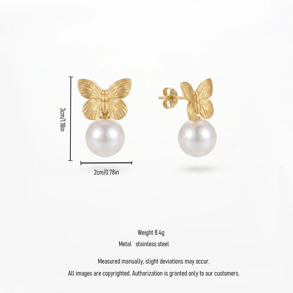 QIAOREN 13964 Stainless Steel Butterfly Pearl Earrings Gold Dangle Stud Earrings Dainty Jewelry Gift for Women