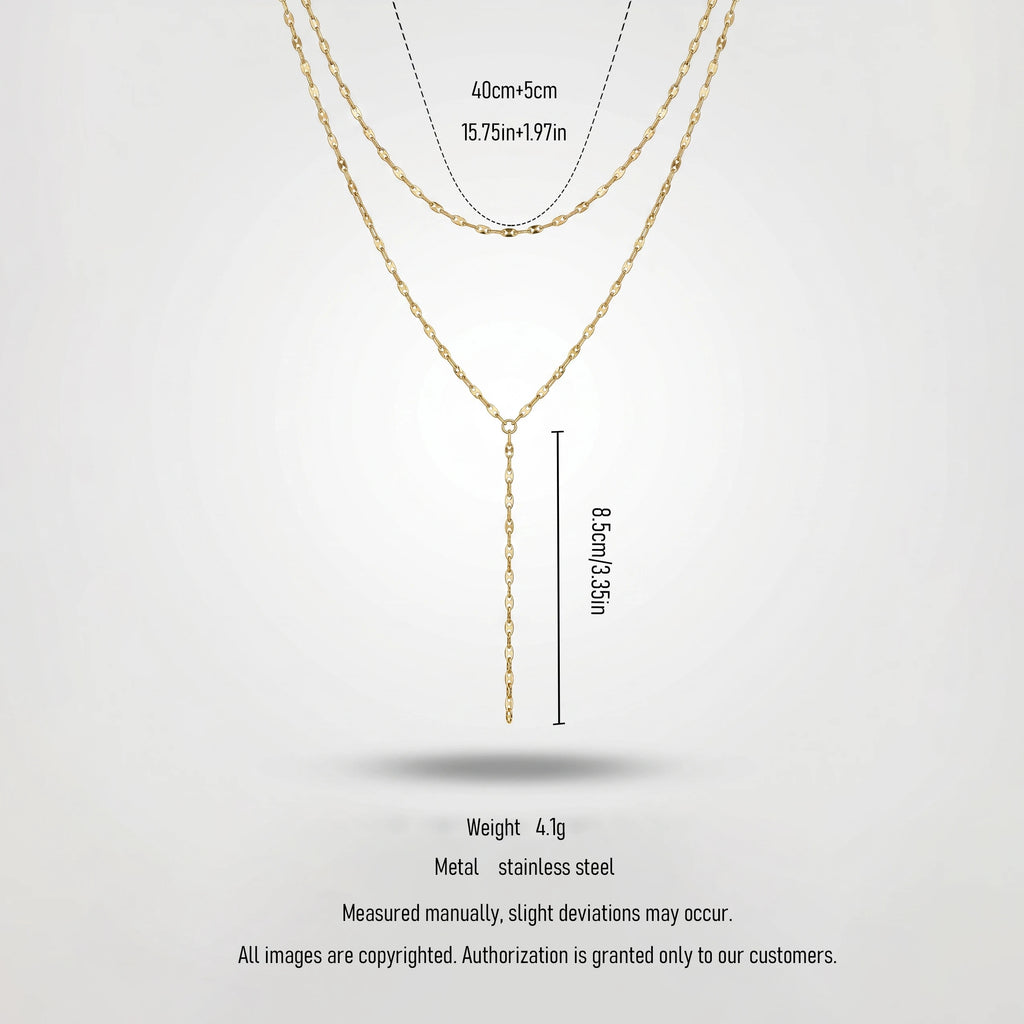 QIAOREN 11289 18K Gold Plated Double Layer Y Lariat Necklace Sparkle Oval Link Chain Stainless Steel Tarnish Free Waterproof