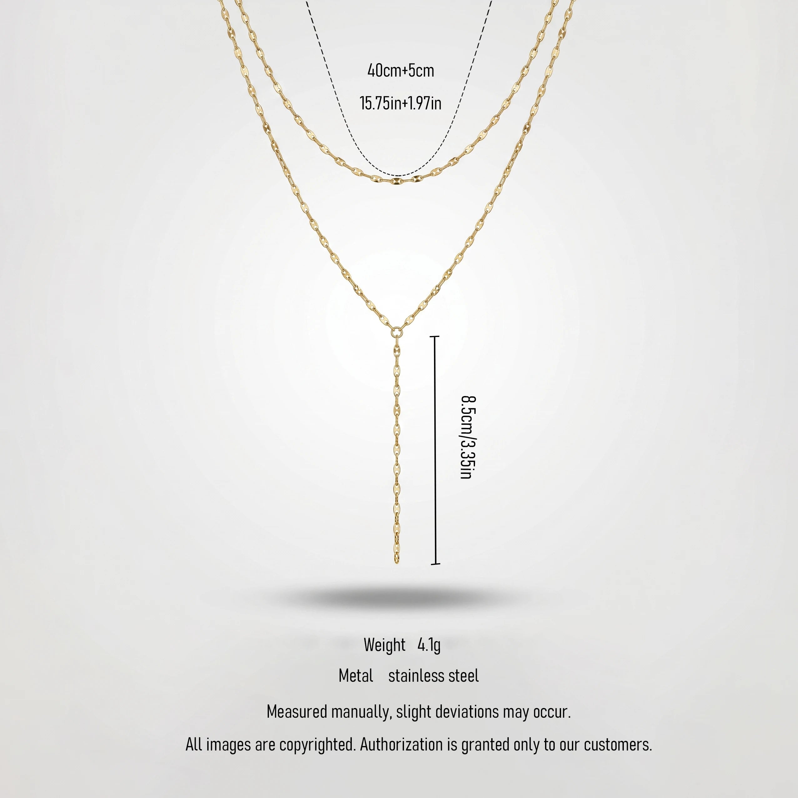 QIAOREN 11289 18K Gold Plated Double Layer Y Lariat Necklace Sparkle Oval Link Chain Stainless Steel Tarnish Free Waterproof